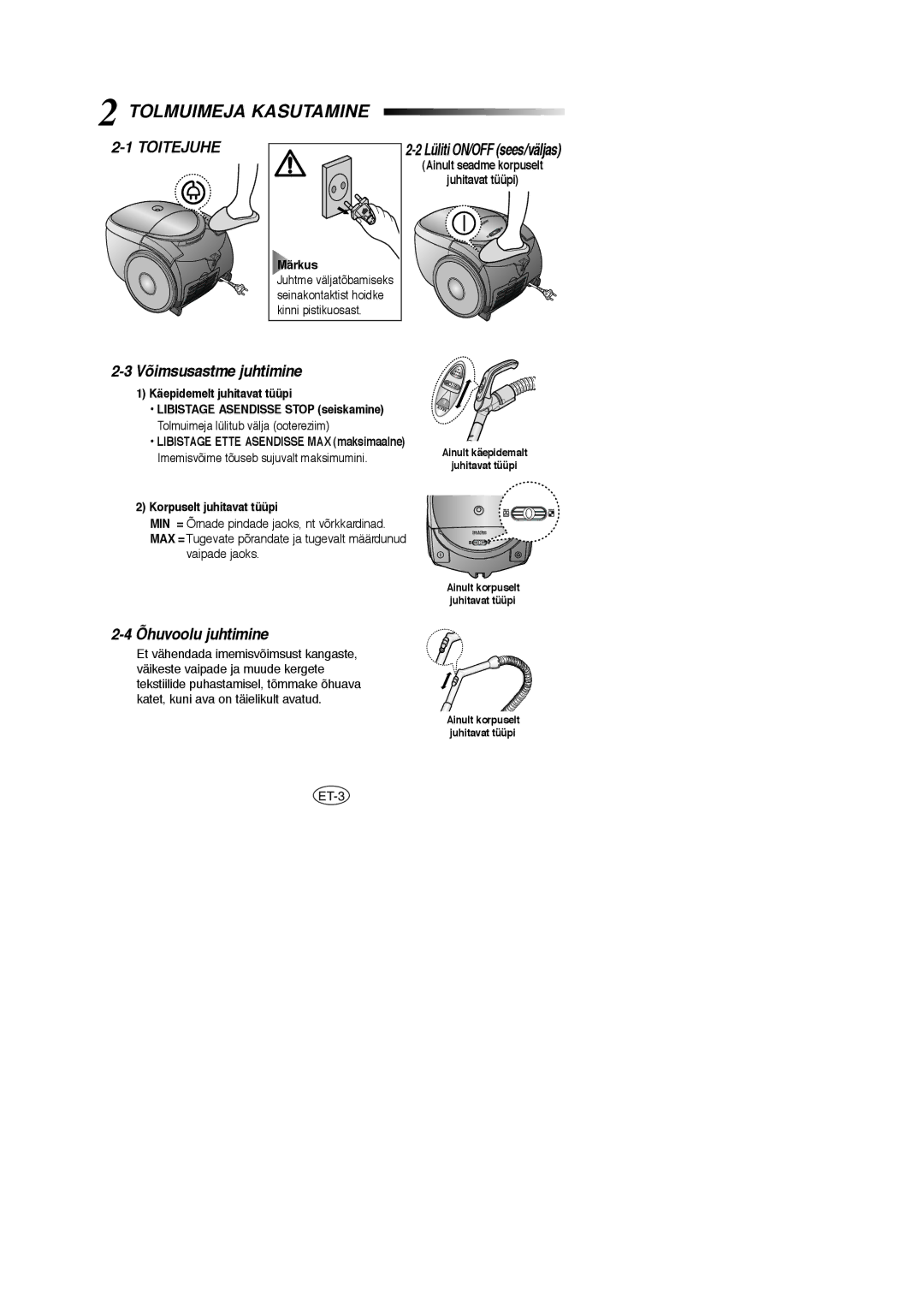 Samsung VCC5148V33/SBW, VCC5158H3R/SBW, VCC514BV3S/XSB, VCC514BV3S/SBW manual Tolmuimeja Kasutamine, Toitejuhe 