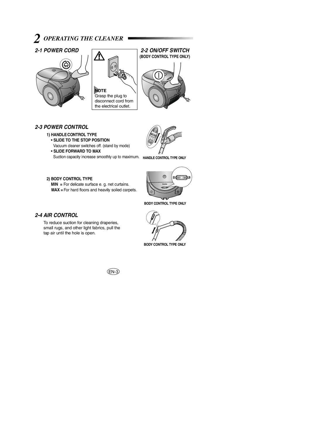 Samsung VCC5148V33/SBW, VCC5158H3R/SBW, VCC514BV3S/XSB, VCC514BV3S/SBW manual Operating the Cleaner 