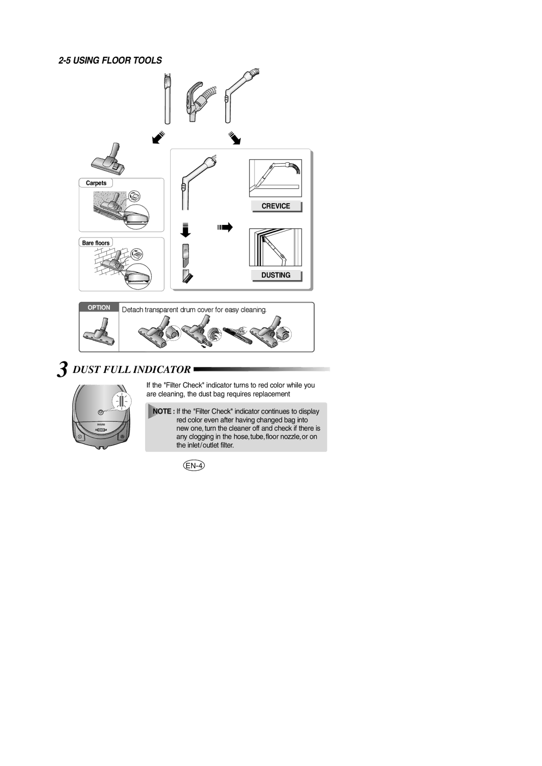 Samsung VCC5158H3R/SBW, VCC5148V33/SBW, VCC514BV3S/XSB, VCC514BV3S/SBW manual Dust Full Indicator 