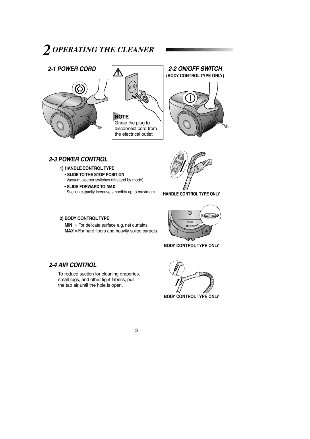 Samsung VCC5120V3S/XEE, VCC5150H3O/SBW, VCC5150H3B/XEV, VCC5135H33/SBW, VCC5138H3R/SBW 2OPERATING the Cleaner, Power Control 