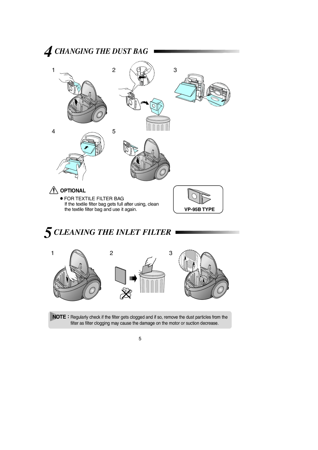 Samsung VCC5138H3D/XEV, VCC5150H3O/SBW, VCC5150H3B/XEV, VCC5135H33/SBW Changing the Dust BAG, 5CLEANING the Inlet Filter 