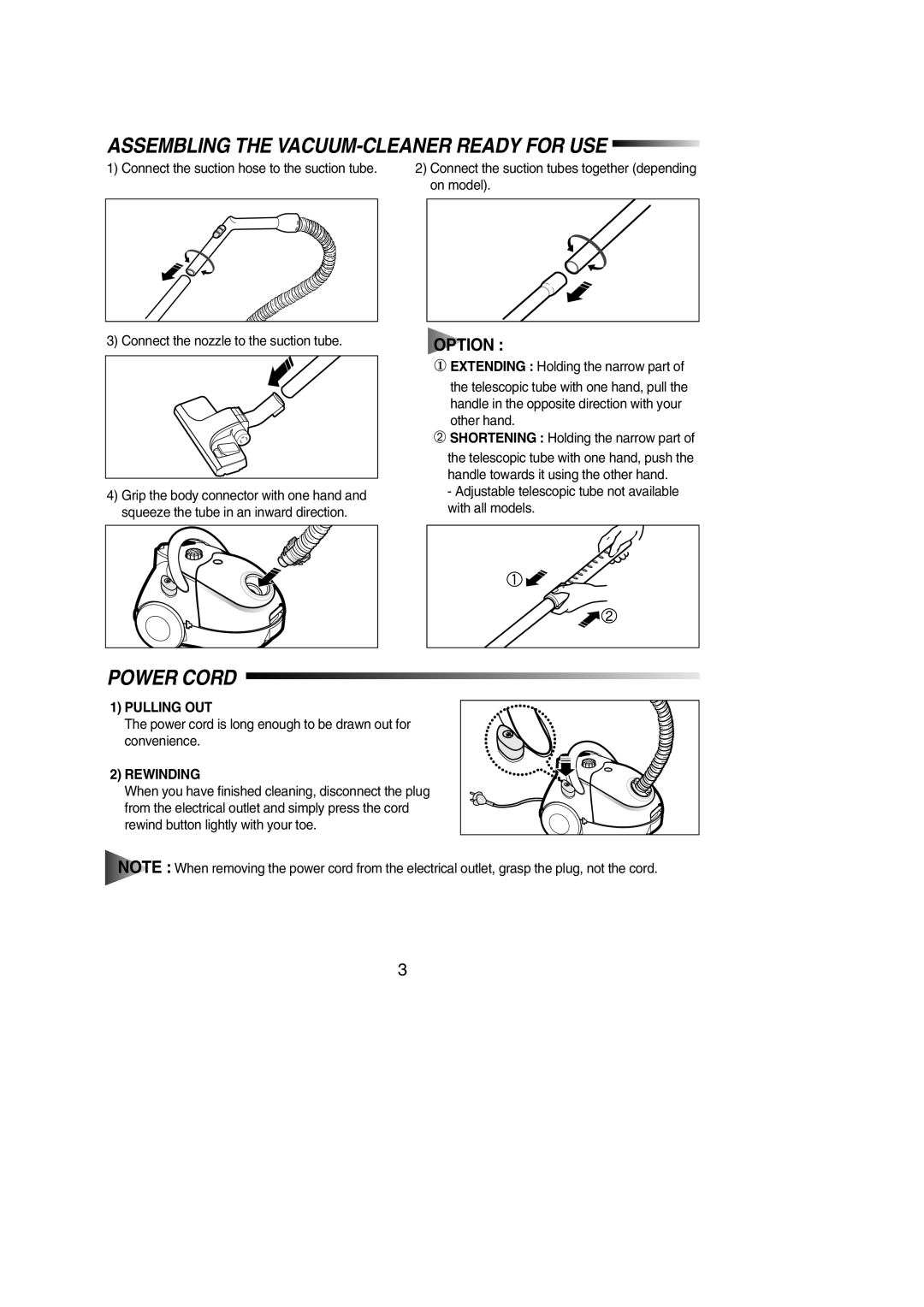 Samsung VC5814VN3K/ERP, VCC5150H3O/SBW Assembling the VACUUM-CLEANER Ready for USE, Power Cord, Pulling OUT, Rewinding 