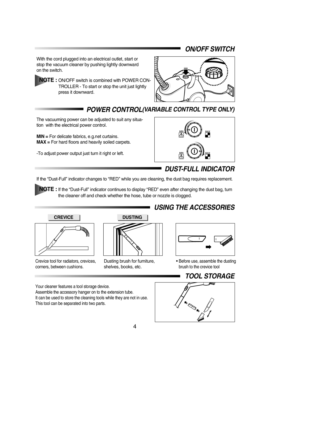 Samsung VC5853SU3B/XEV, VCC5150H3O/SBW manual ON/OFF Switch, DUST-FULL Indicator, Using the Accessories, Tool Storage 