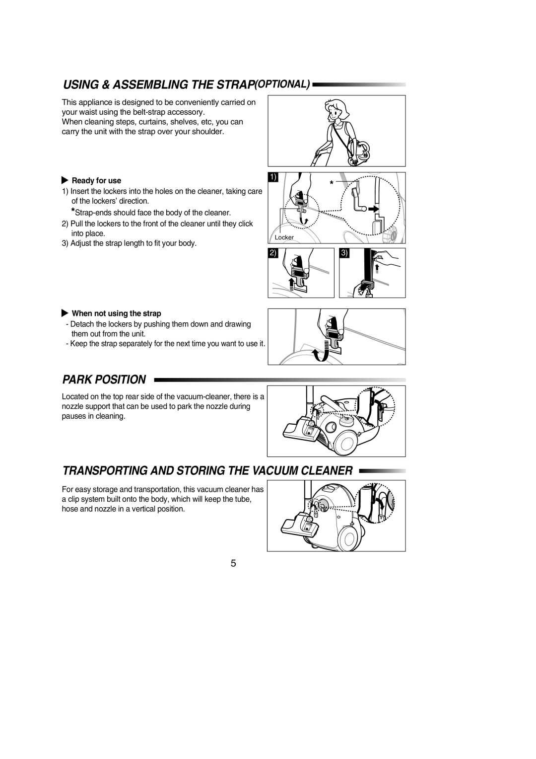 Samsung VC5853SU3B/SBW Using & Assembling the Strapoptional, Park Position, Transporting and Storing the Vacuum Cleaner 