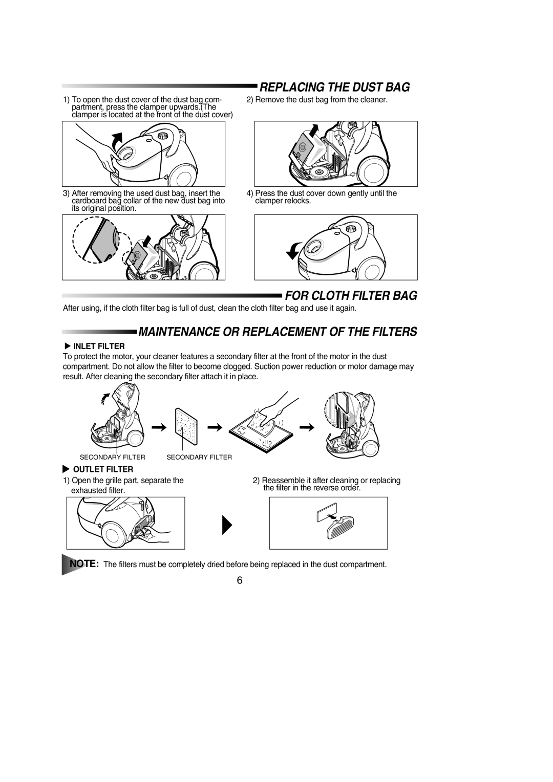 Samsung VC5853SU3K/SBW, VCC5150H3O/SBW manual Replacing the Dust BAG, For Cloth Filter BAG, Inlet Filter, Outlet Filter 