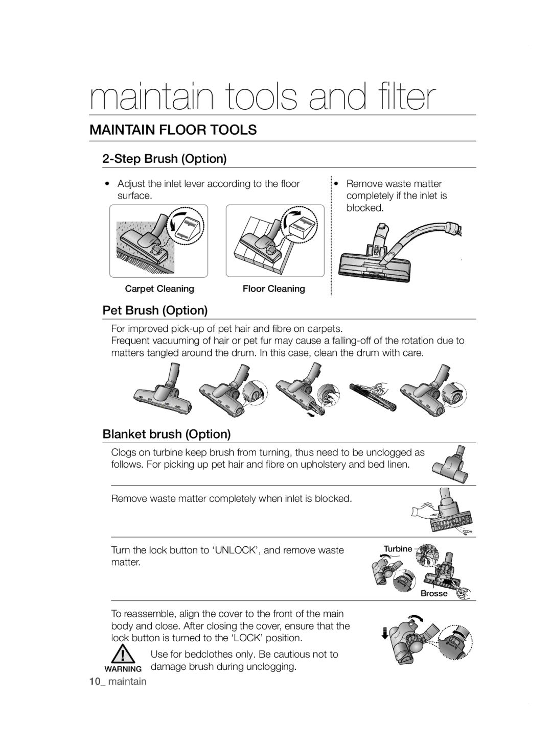 Samsung VCC5240S3R/BOL, VCC5255V3O/EGT Maintain Floor Tools, Step Brush Option, Pet Brush Option, Blanket brush Option 