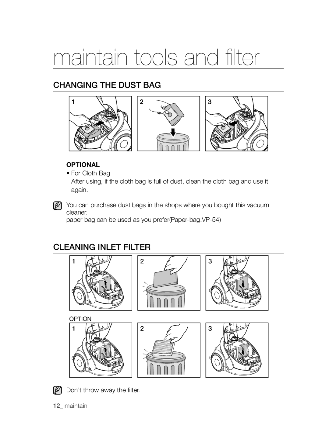 Samsung VCC5240S31/UMG, VCC5240S3R/BOL, VCC5255V3O/EGT, VCC5250V4O/ATC manual Changing the Dust BAG, Cleaning Inlet Filter 