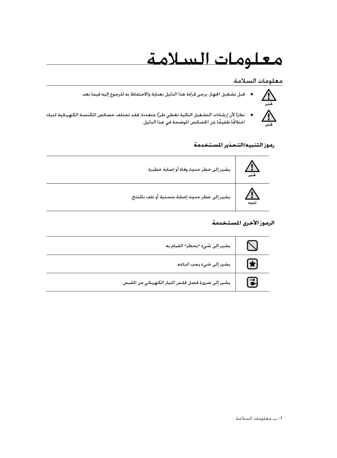 Samsung VCC5255V3O/EGT, VCC5240S3R/BOL, VCC5240S31/UMG, VCC5250V4O/ATC manual معلومات اعسلاع, ةمدختسلما ريذحتلا/هيبنتلا زومر 