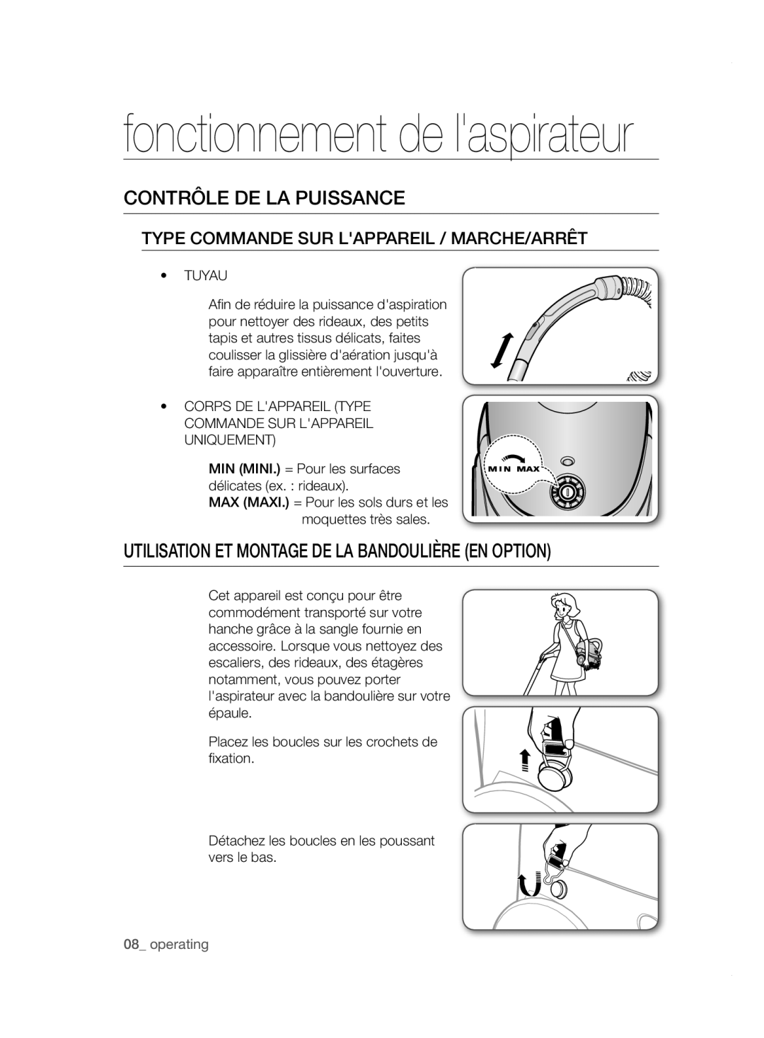 Samsung VCC5240S3R/BOL, VCC5255V3O/EGT manual Contrôle DE LA Puissance, Utilisation ET Montage DE LA Bandoulière EN Option 