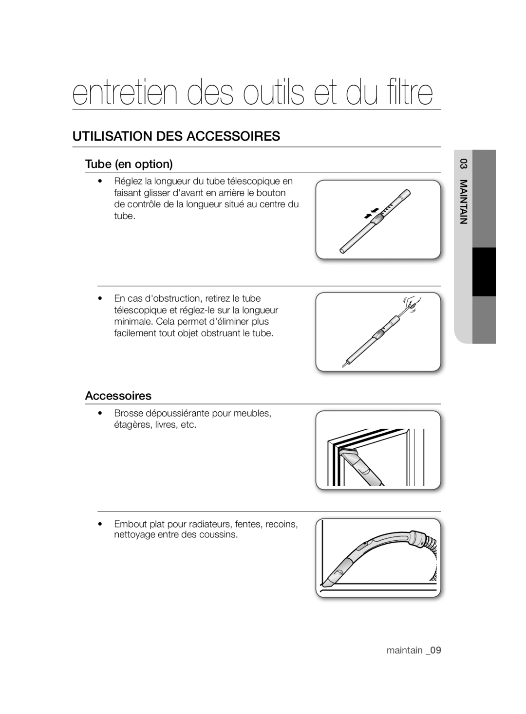 Samsung VCC5255V3O/EGT, VCC5240S3R/BOL, VCC5240S31/UMG, VCC5250V4O/ATC manual Utilisation DES Accessoires, Tube en option 