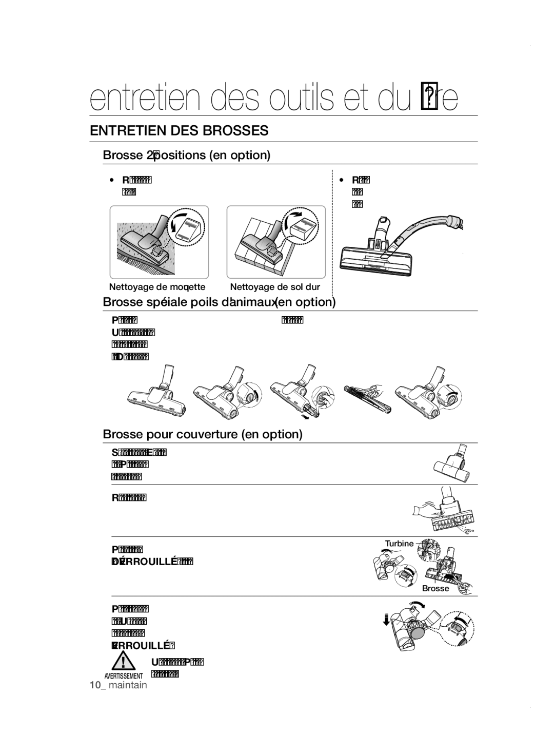 Samsung VCC5240S31/UMG manual Entretien DES Brosses, Brosse 2 positions en option, Brosse spéciale poils danimaux en option 