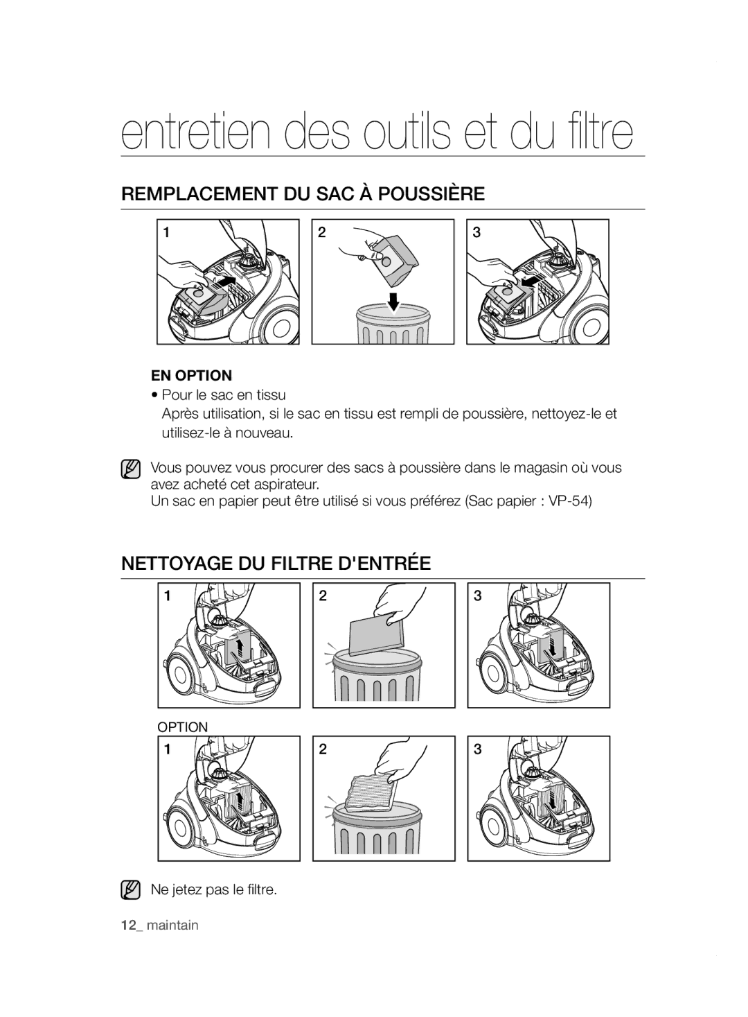 Samsung VCC5250V3R/XST, VCC5240S3R/BOL, VCC5255V3O/EGT manual Remplacement DU SAC À Poussière, Nettoyage DU Filtre Dentrée 