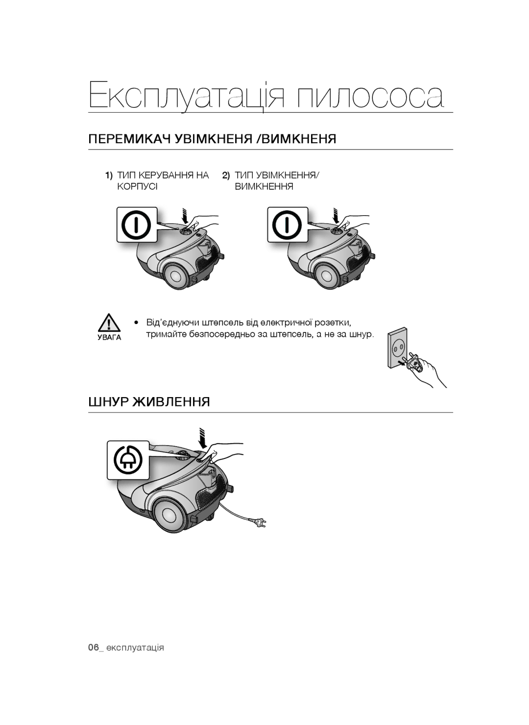 Samsung VCC5252V3B/XEV Перемикач Увімкненя /ВИМКНЕНЯ, Шнур Живлення, ТИП Керування НА ТИП Увімкнення Корпусі Вимкнення 