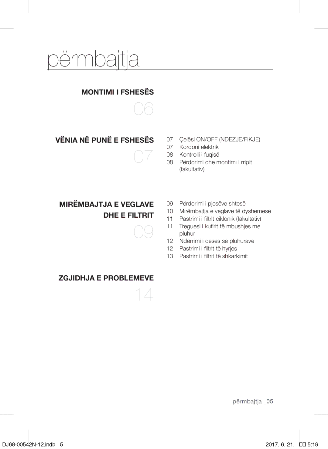 Samsung VCC5251V3R/XEV manual Përmbajtja, Montimi I Fshesës Vënia NË Punë E Fshesës, Mirëmbajtja E Veglave, DHE E Filtrit 