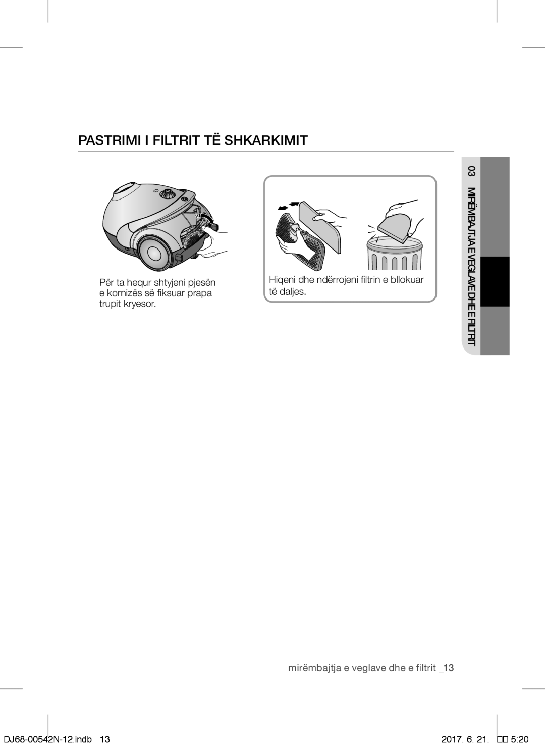 Samsung VCC5285V3P/BOL, VCC5285V3O/BOL, VCC5251V3R/XEV, VCC5251V3R/XEH, VCC5251V3R/BOL manual Pastrimi I Filtrit TË Shkarkimit 