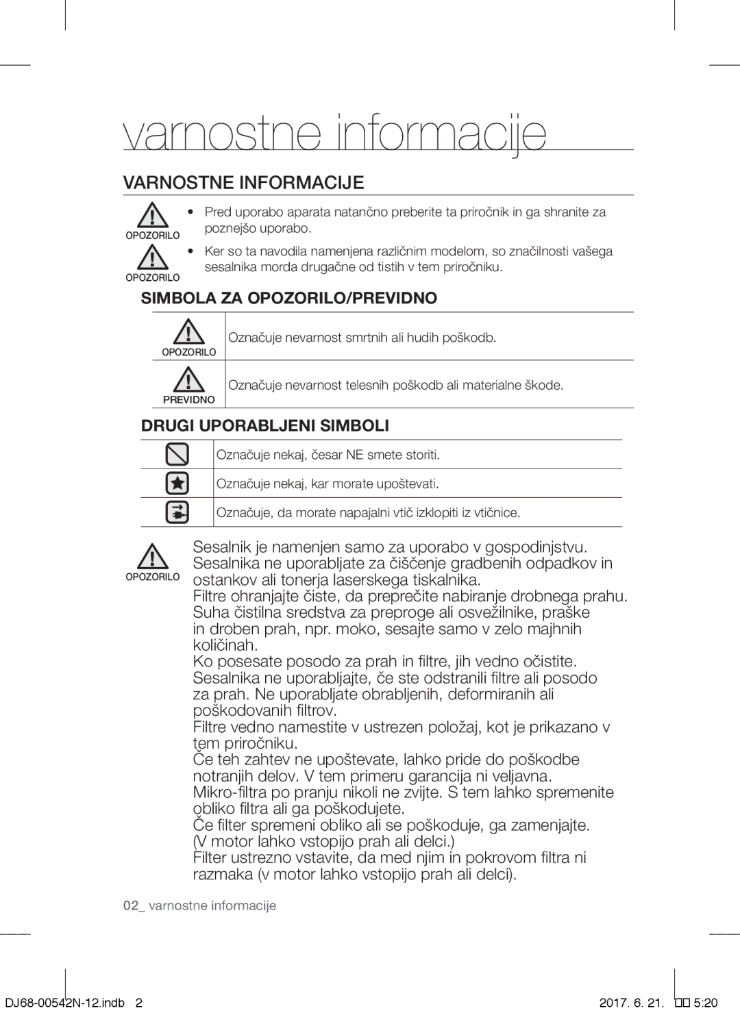 Samsung VCC5285V3P/BOL, VCC5285V3O/BOL manual Varnostne informacije, Varnostne Informacije, Simbola ZA OPOZORILO/PREVIDNO 