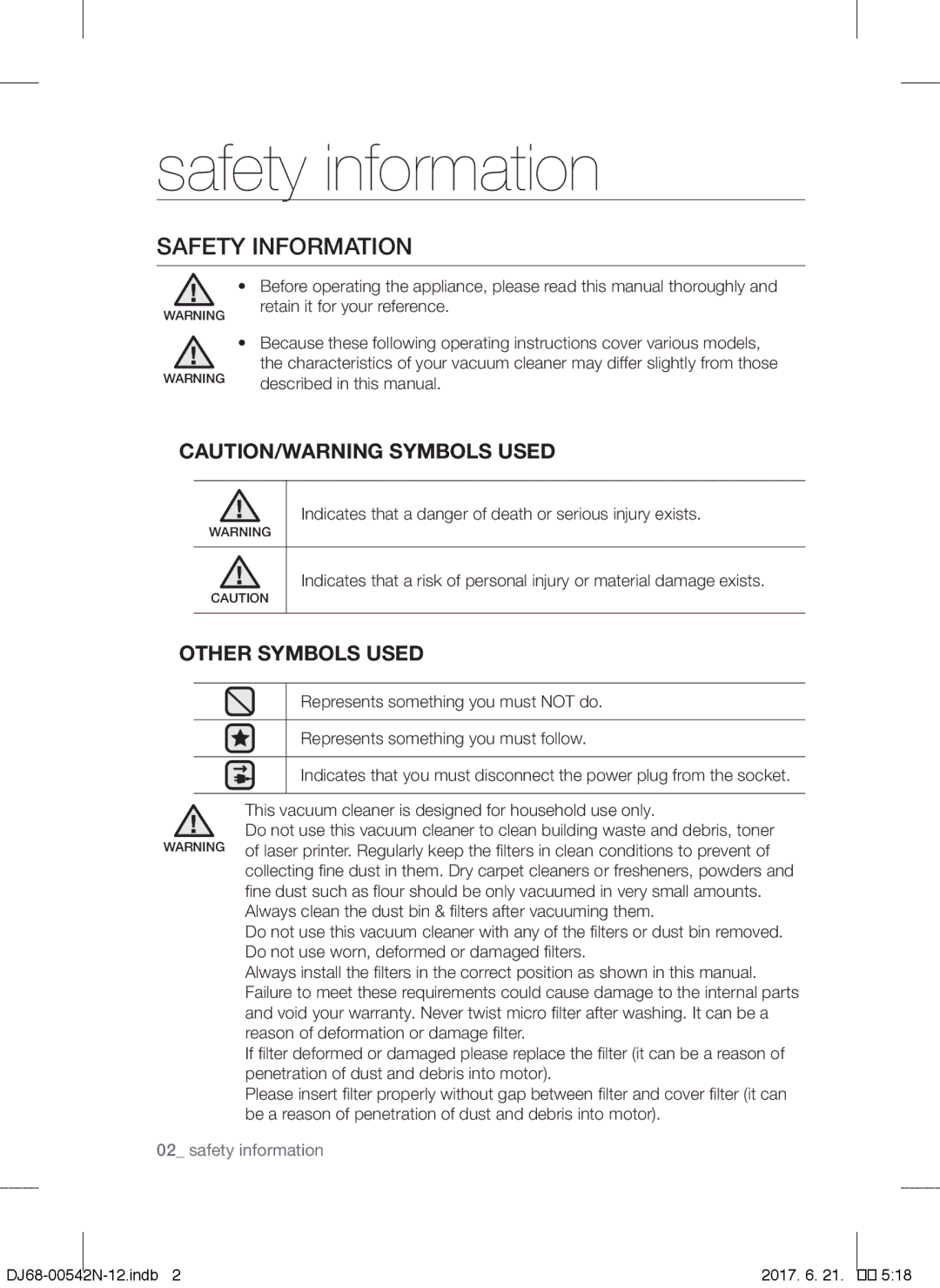 Samsung VCC5285V3P/BOL, VCC5285V3O/BOL, VCC5251V3R/XEV manual Safety information, Safety Information, Other Symbols Used 