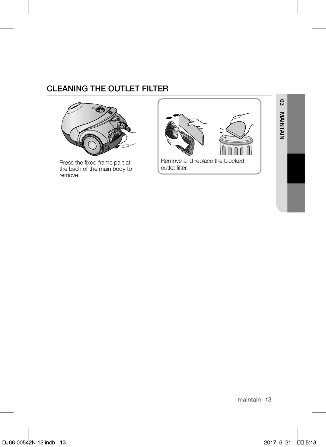 Samsung VCC5285V3O/BOL, VCC5251V3R/XEV, VCC5251V3R/XEH, VCC5251V3R/BOL, VCC5285V3P/BOL manual Cleaning the Outlet Filter 