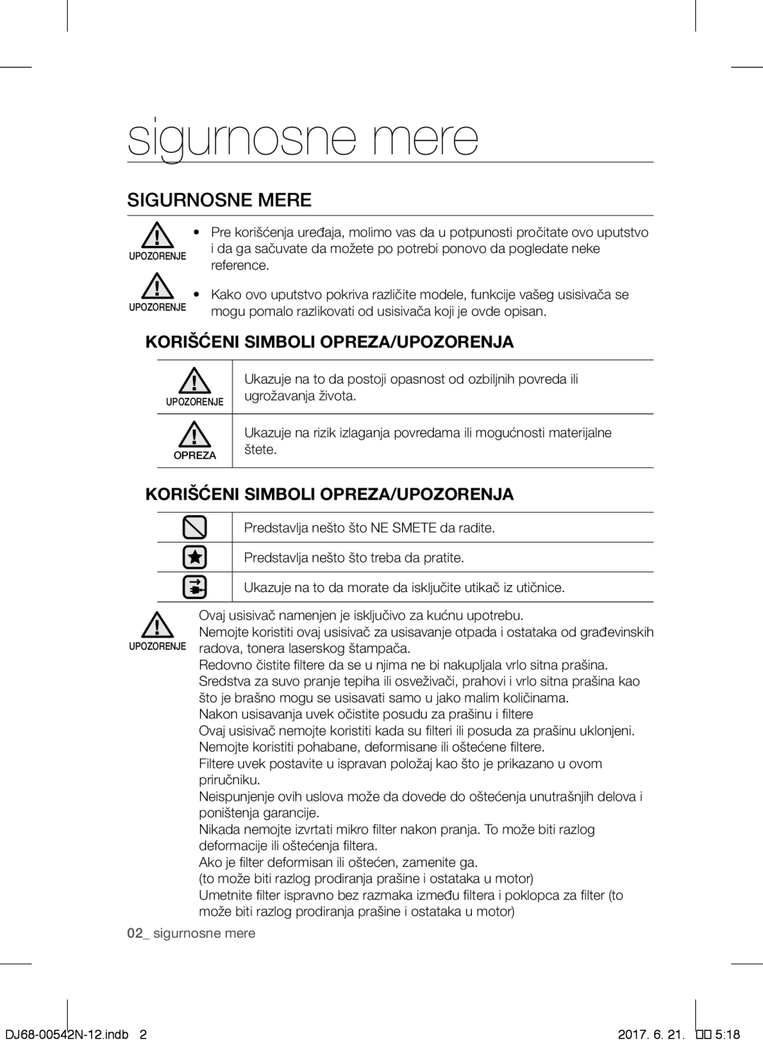 Samsung VCC5285V3O/BOL, VCC5251V3R/XEV manual Sigurnosne mere, Sigurnosne Mere, Korišćeni Simboli OPREZA/UPOZORENJA 