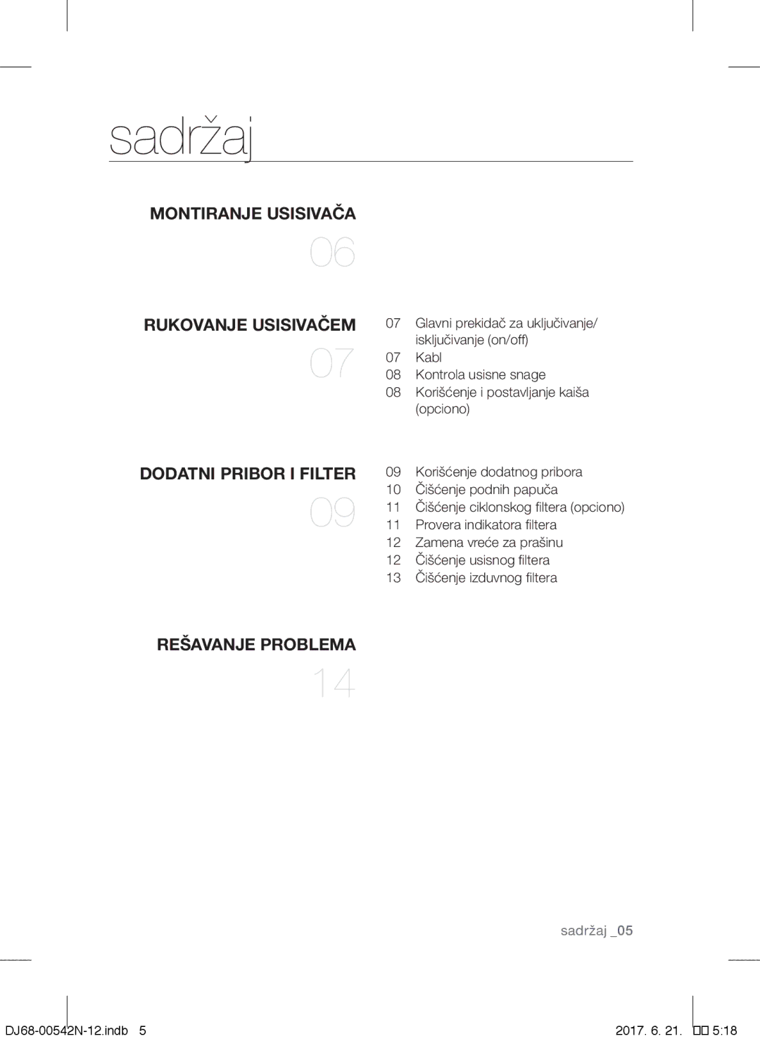 Samsung VCC5251V3R/BOL, VCC5285V3O/BOL, VCC5251V3R/XEV, VCC5251V3R/XEH, VCC5285V3P/BOL manual Sadržaj 