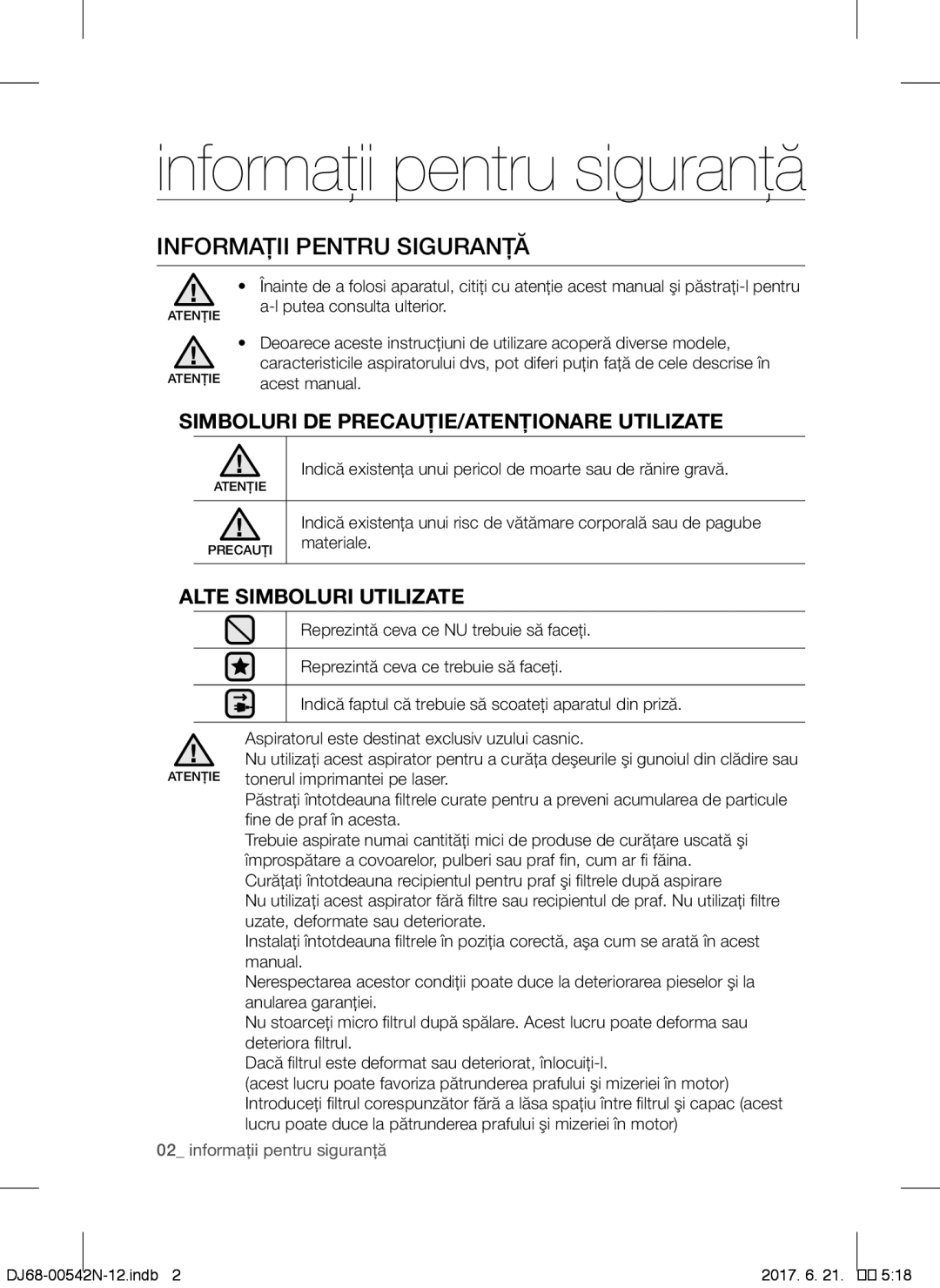 Samsung VCC5251V3R/XEV, VCC5285V3O/BOL Informaţii pentru siguranţă, Informaţii Pentru Siguranţă, Alte Simboluri Utilizate 