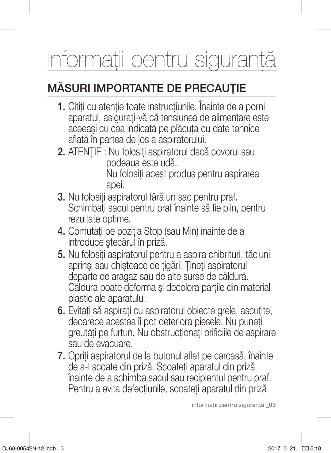 Samsung VCC5251V3R/XEH, VCC5285V3O/BOL, VCC5251V3R/XEV, VCC5251V3R/BOL, VCC5285V3P/BOL manual Măsuri Importante DE Precauţie 