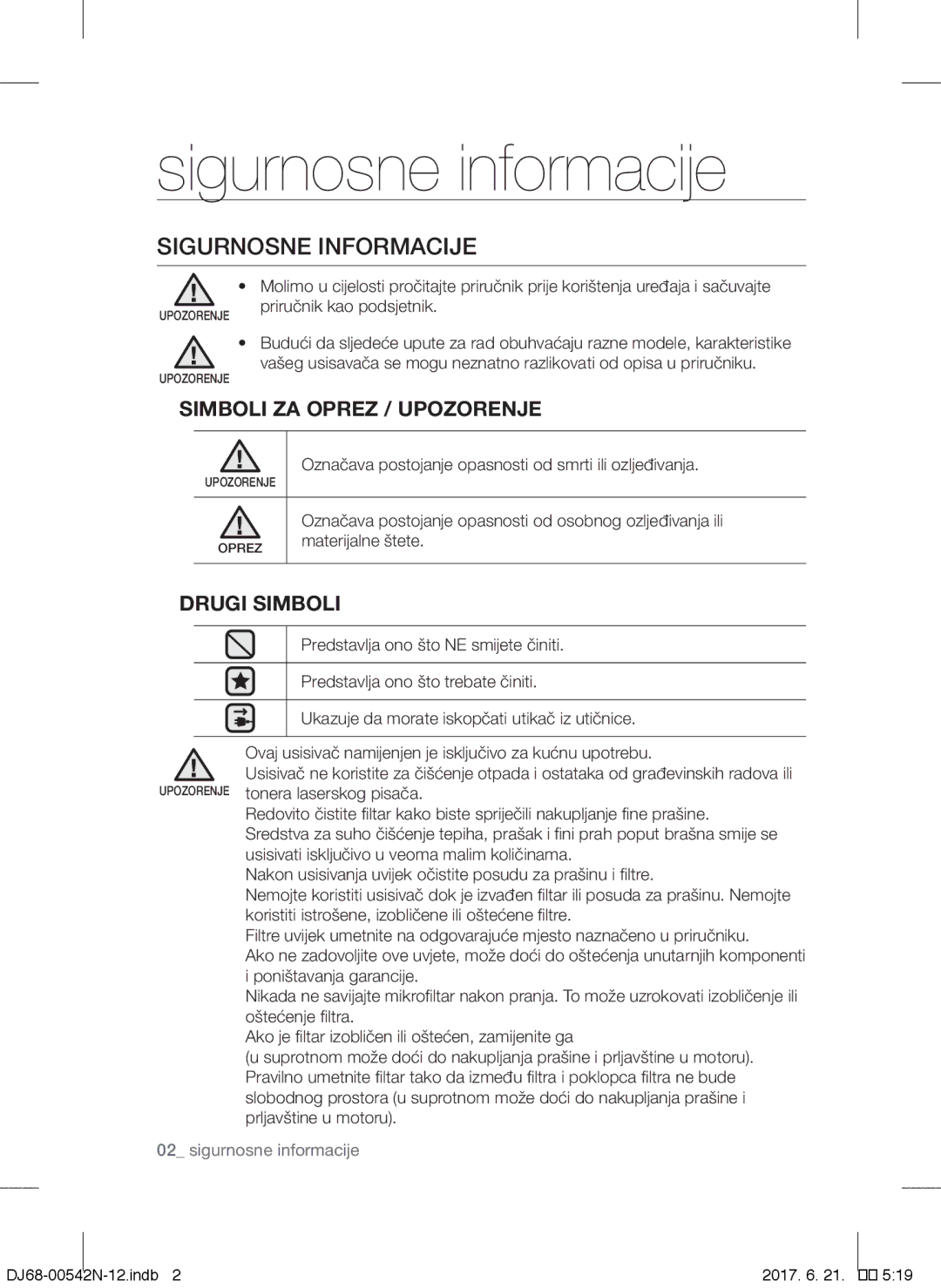 Samsung VCC5251V3R/XEH manual Sigurnosne informacije, Sigurnosne Informacije, Simboli ZA Oprez / Upozorenje, Drugi Simboli 