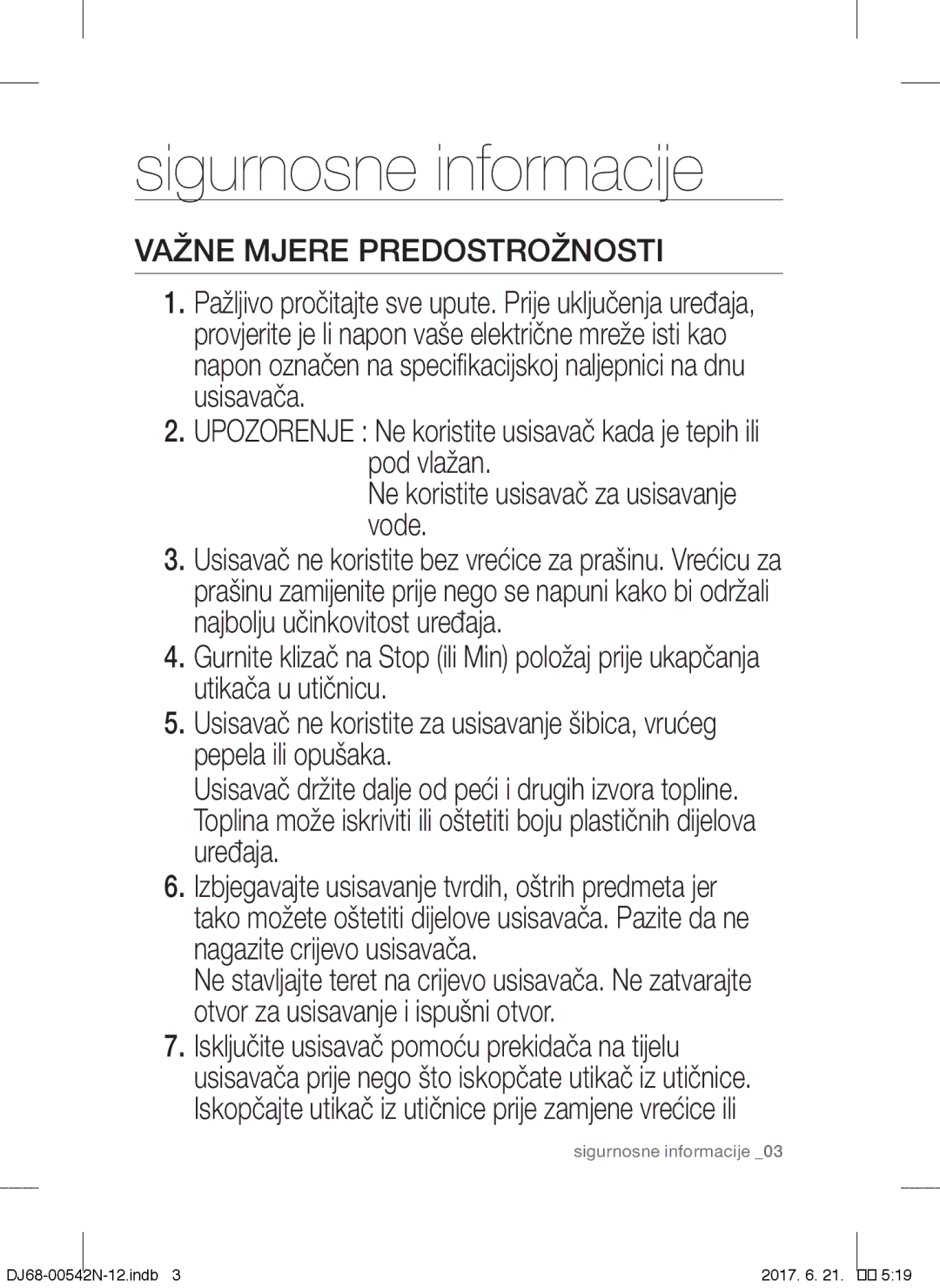 Samsung VCC5251V3R/BOL, VCC5285V3O/BOL, VCC5251V3R/XEV, VCC5251V3R/XEH, VCC5285V3P/BOL manual Važne Mjere Predostrožnosti 