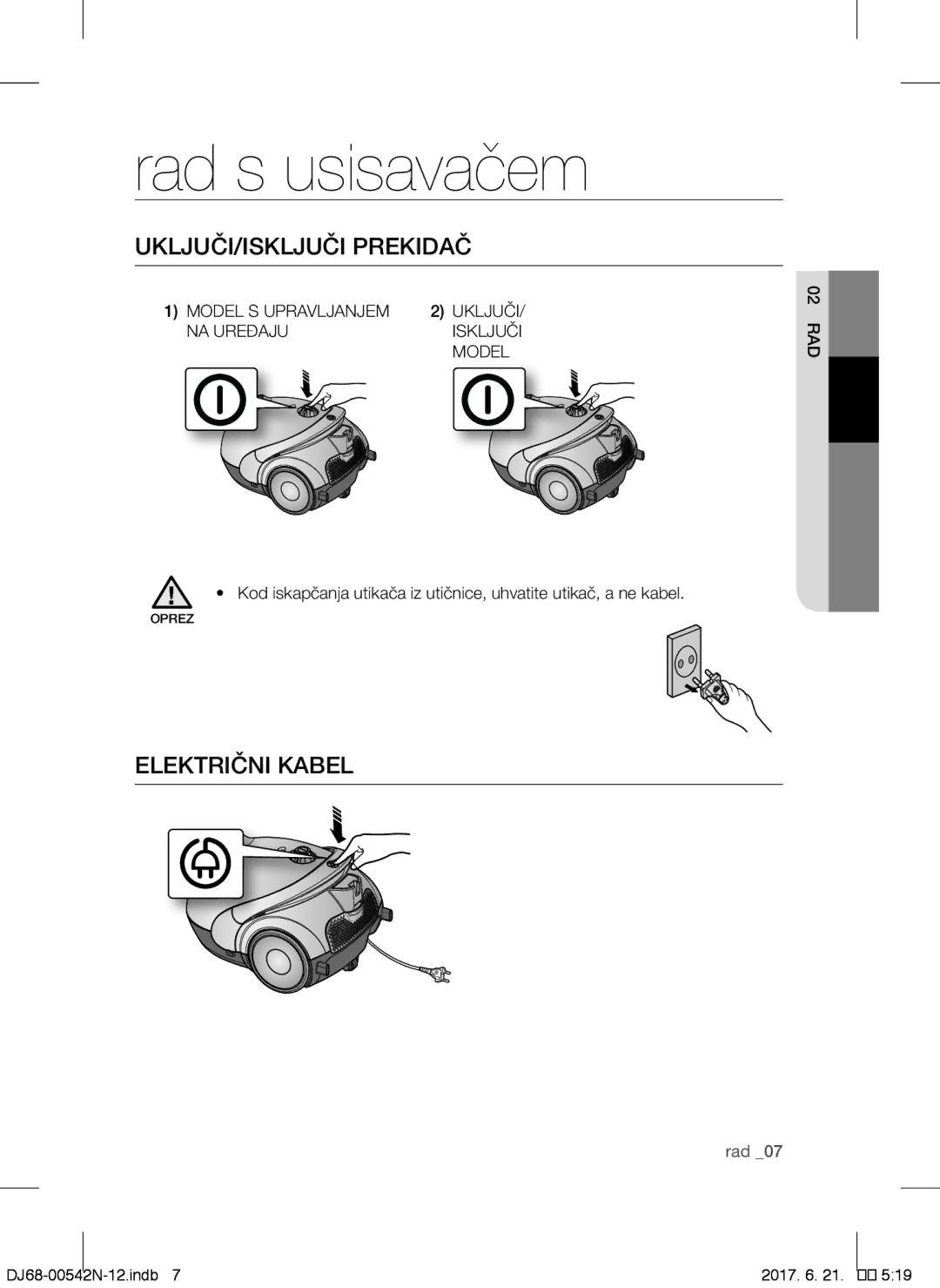 Samsung VCC5251V3R/XEH, VCC5285V3O/BOL, VCC5251V3R/XEV Rad s usisavačem, UKLJUČI/ISKLJUČI Prekidač, Električni Kabel, 02rad 