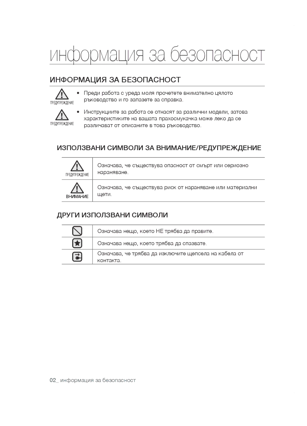 Samsung VCC5251V3R/XEH, VCC5285V3O/BOL, VCC5251V3R/XEV, VCC5251V3R/BOL, VCC5285V3P/BOL manual Информация за безопасност 