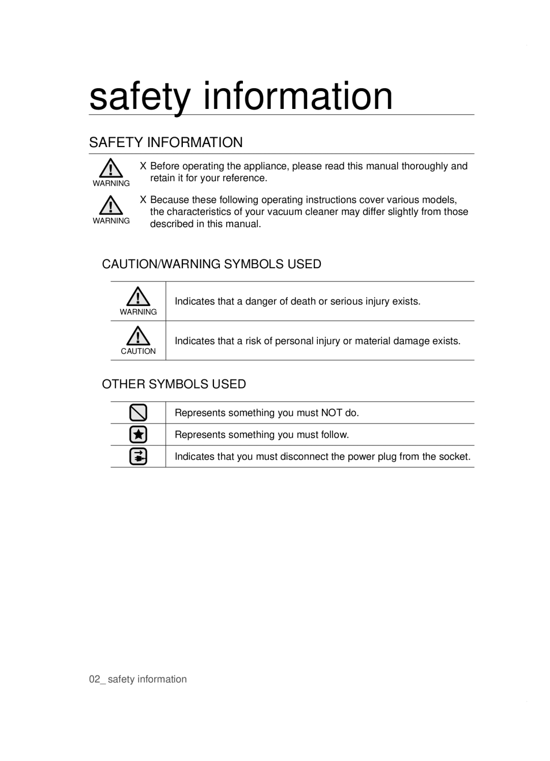 Samsung VCC5285V3O/BOL, VCC5251V3R/XEV, VCC5251V3R/XEH, VCC5251V3R/BOL, VCC5285V3P/BOL manual Safety information 