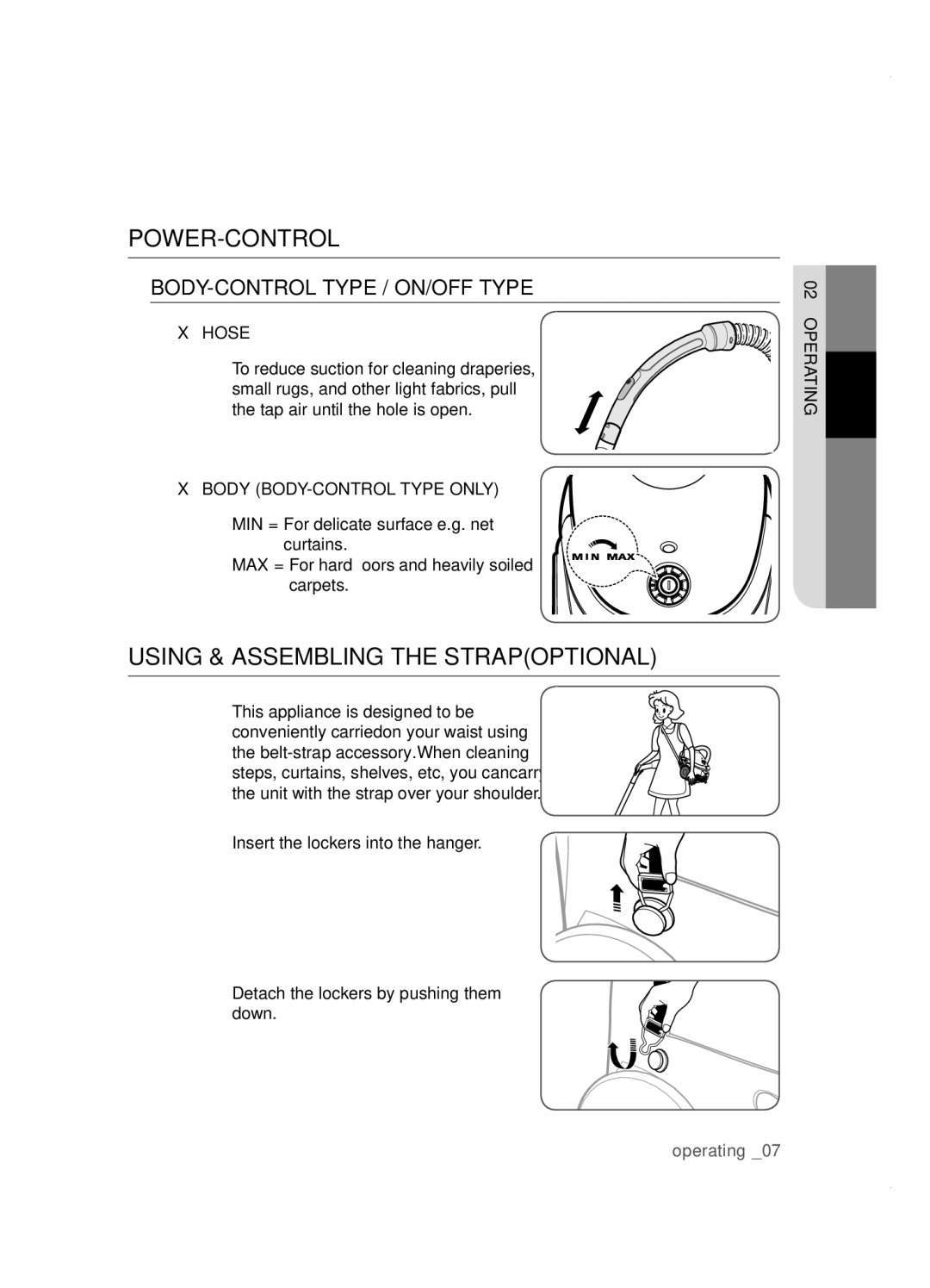 Samsung VCC5285V3O/BOL manual Power-Control, Using & assembling the strapoptional, Body-control type / on/off type, Hose 