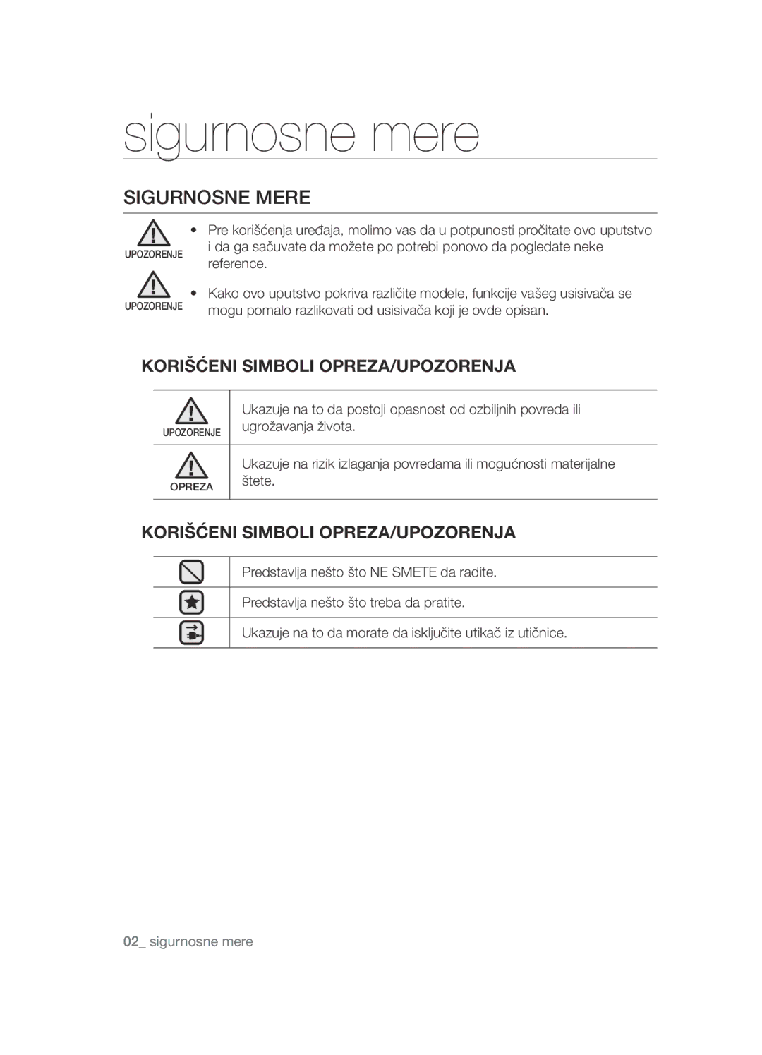 Samsung VCC5285V3P/BOL, VCC5285V3O/BOL, VCC5251V3R/XEV, VCC5251V3R/XEH, VCC5251V3R/BOL manual Sigurnosne mere, Sigurnosne Mere 