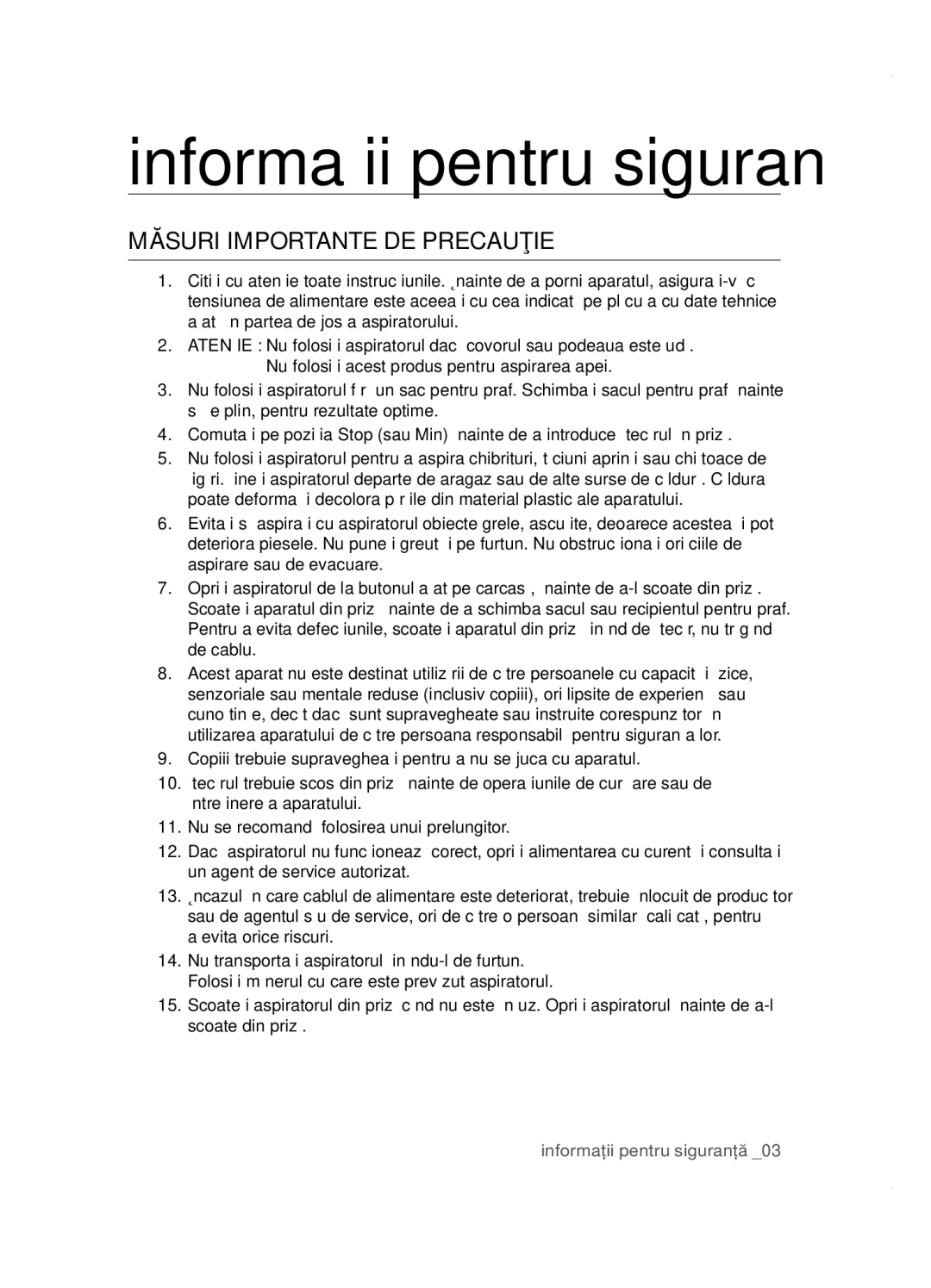 Samsung VCC5285V3P/BOL, VCC5285V3O/BOL, VCC5251V3R/XEV, VCC5251V3R/XEH, VCC5251V3R/BOL manual Măsuri Importante DE Precauţie 