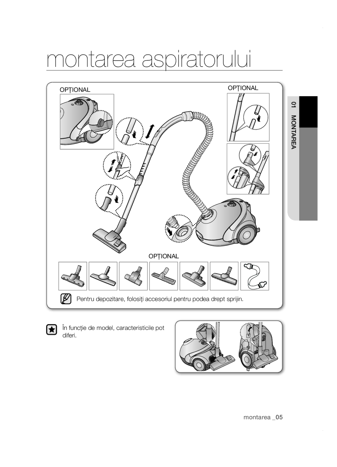 Samsung VCC5251V3R/XEV, VCC5285V3O/BOL, VCC5251V3R/XEH, VCC5251V3R/BOL, VCC5285V3P/BOL manual Montarea aspiratorului, Opţional 