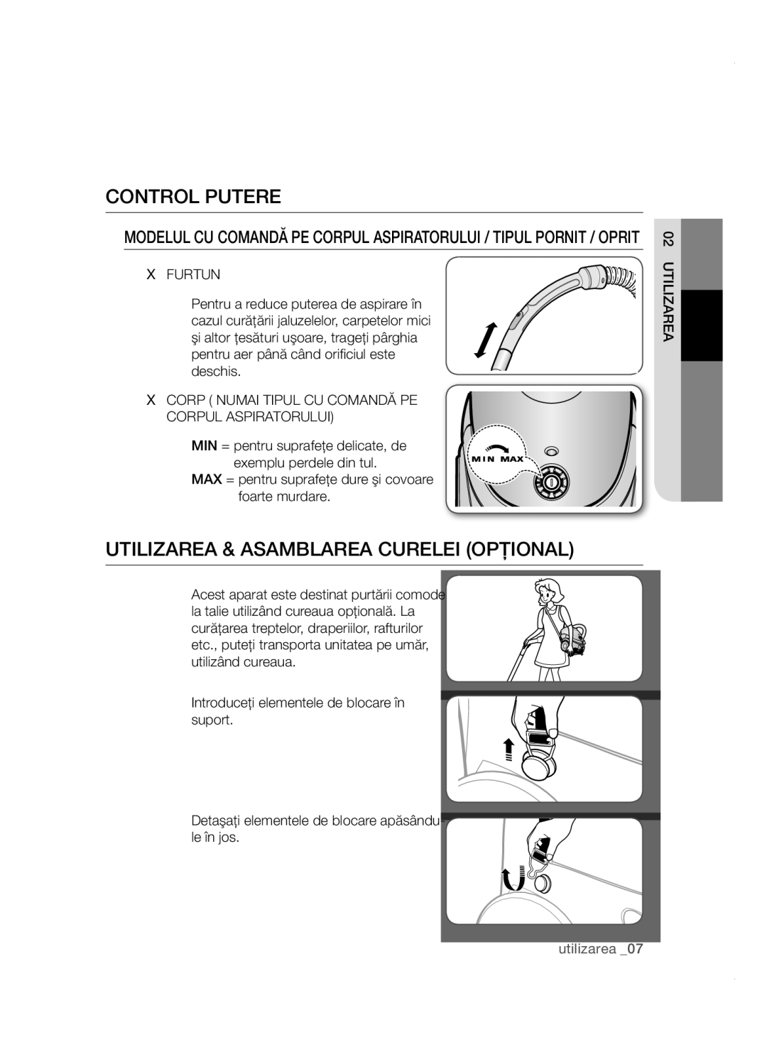 Samsung VCC5251V3R/BOL, VCC5285V3O/BOL, VCC5251V3R/XEV Control putere, Utilizarea & asamblarea curelei opţional, Furtun 