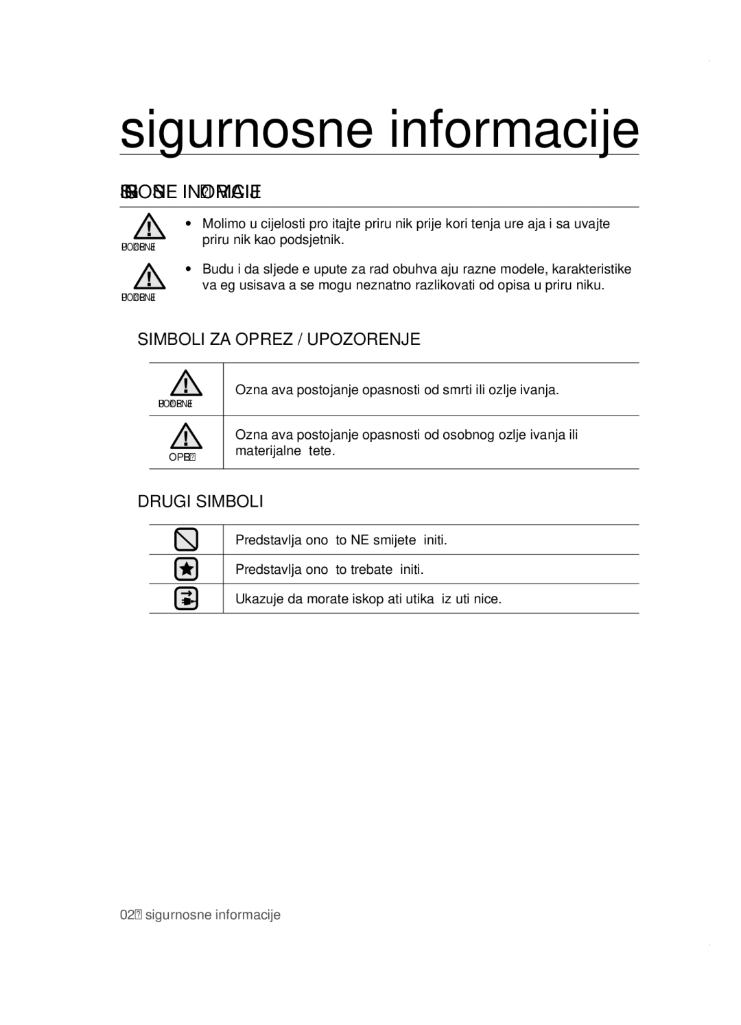 Samsung VCC5251V3R/XEH, VCC5285V3O/BOL, VCC5251V3R/XEV, VCC5251V3R/BOL manual Sigurnosne informacije, Sigurnosne Informacije 