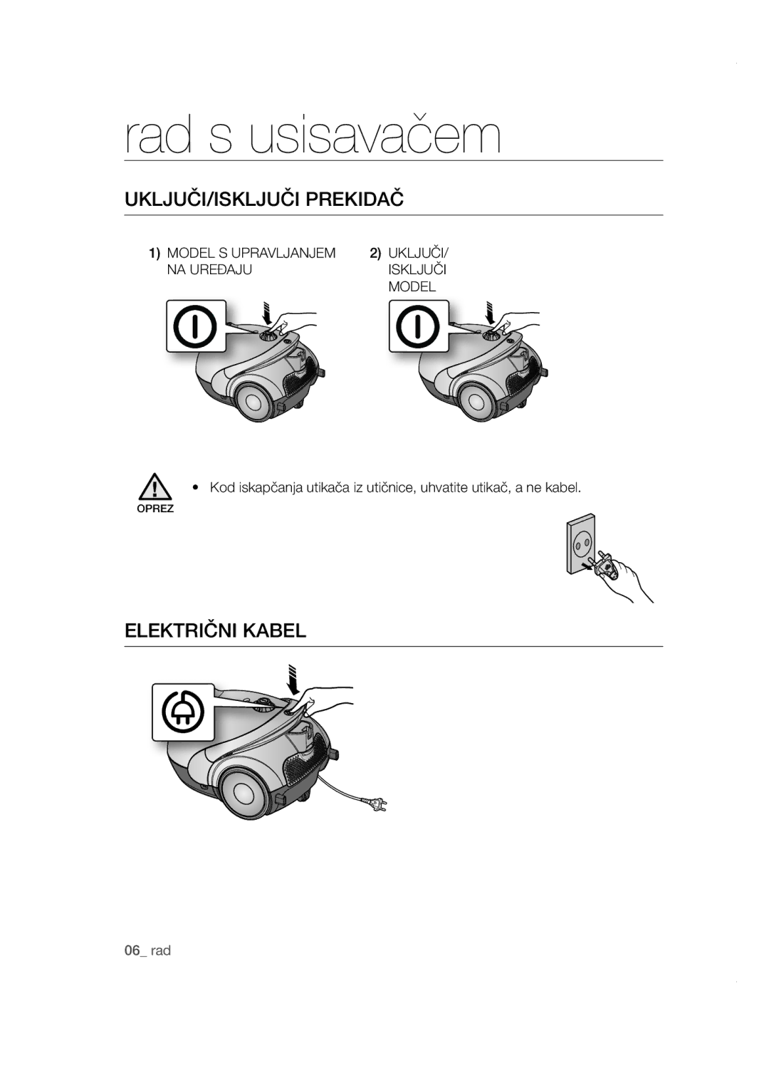 Samsung VCC5251V3R/XEV, VCC5285V3O/BOL, VCC5251V3R/XEH manual Rad s usisavačem, Uključi/isključi prekidač, Električni kabel 