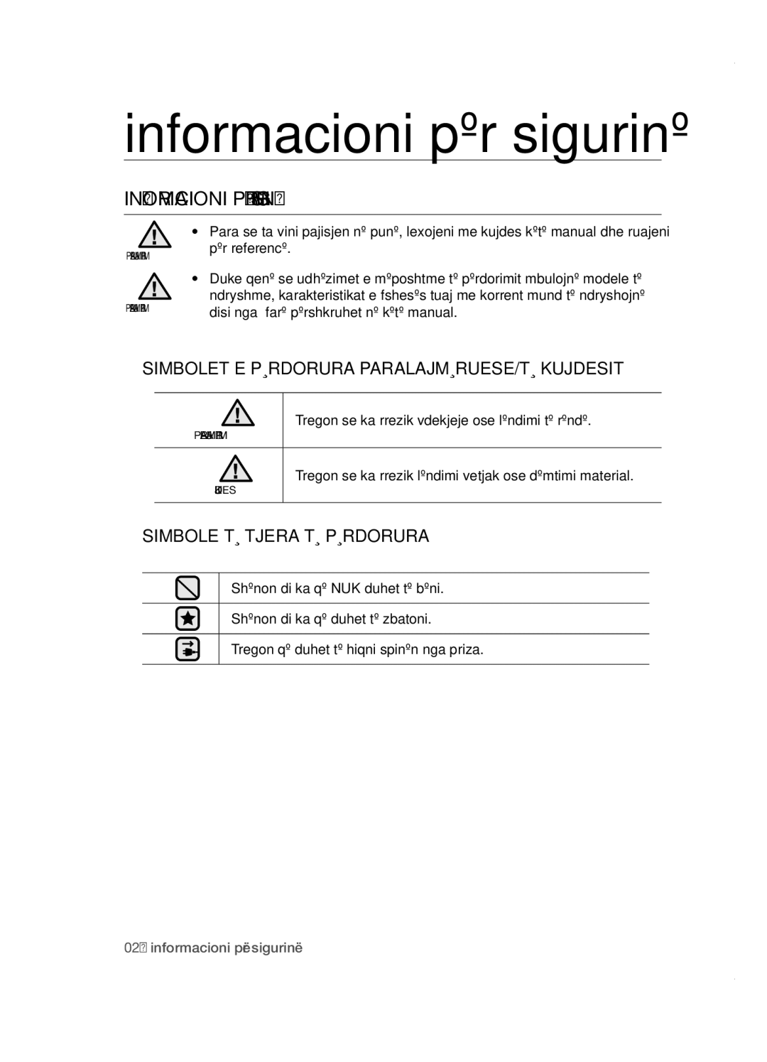 Samsung VCC5251V3R/XEV, VCC5285V3O/BOL, VCC5251V3R/XEH, VCC5251V3R/BOL, VCC5285V3P/BOL manual Informacioni për sigurinë 