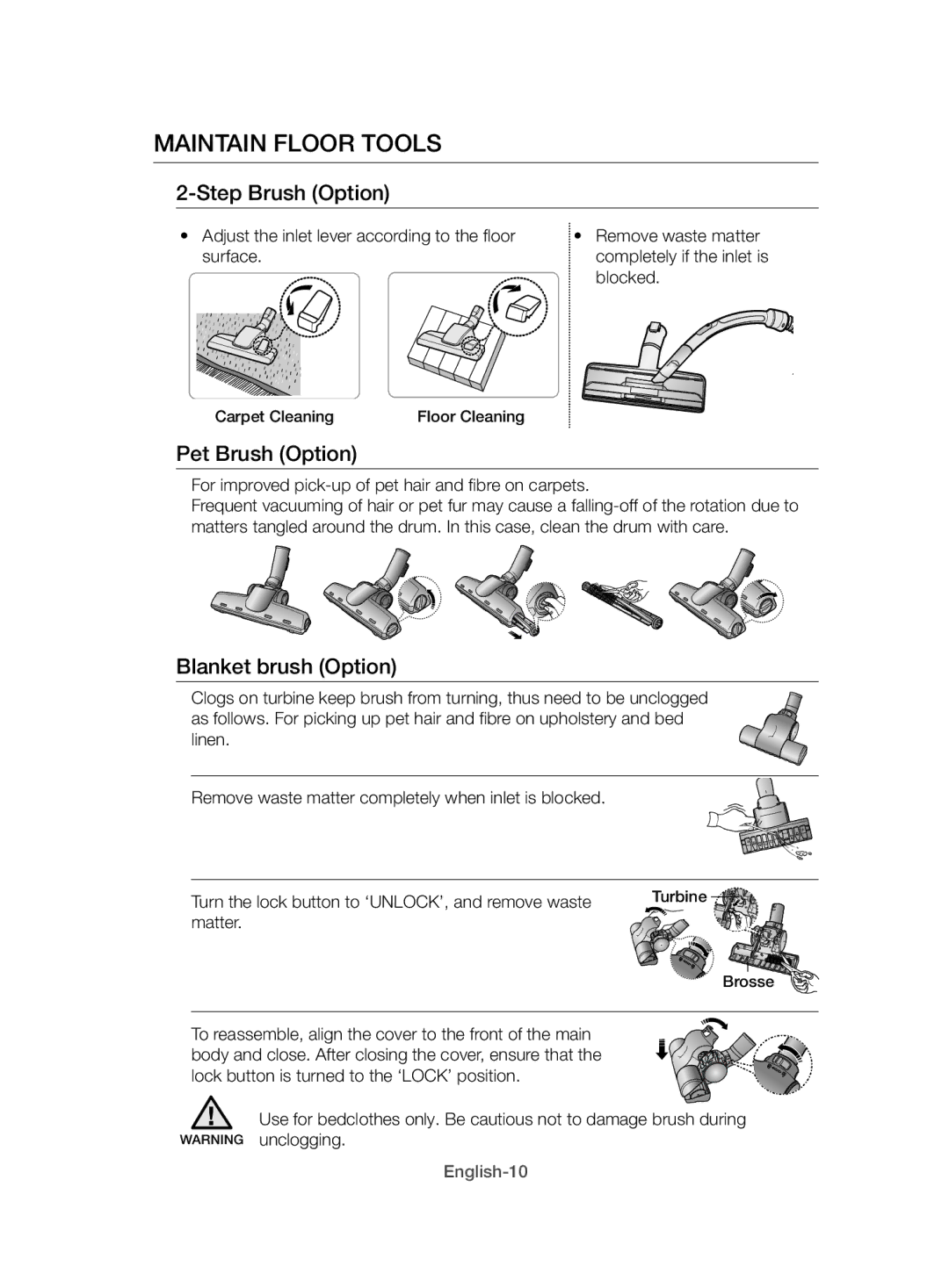 Samsung VCC52E0V3O/XEH, VCC52E0V3O/XEO Maintain Floor Tools, Step Brush Option, Pet Brush Option, Blanket brush Option 