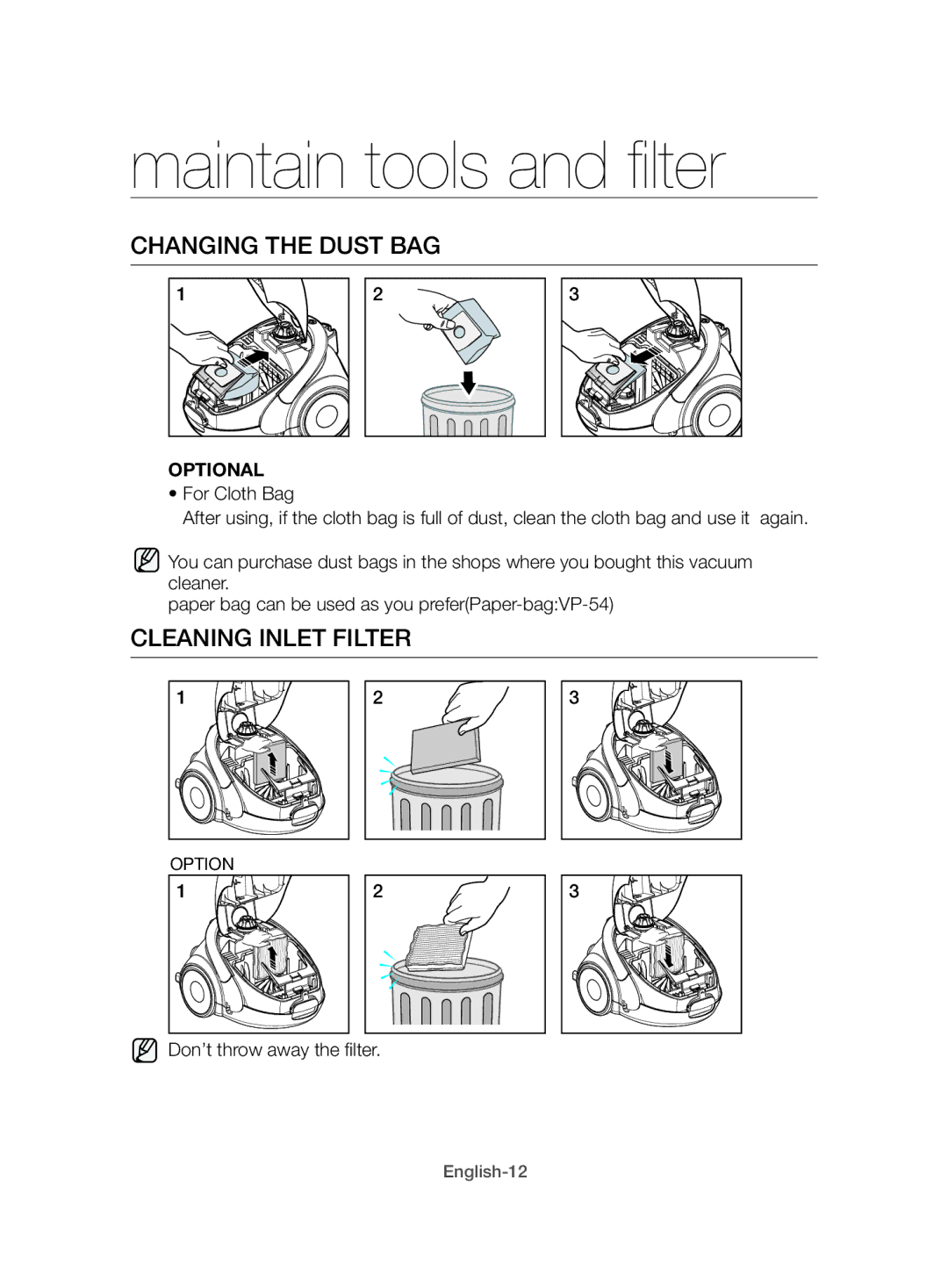 Samsung VCC52E0V3O/XEO, VCC52E0V3B/XEH, VCC52E0V3O/XEH, VCC52E0V3O/XEG manual Changing the Dust BAG, Cleaning Inlet Filter 