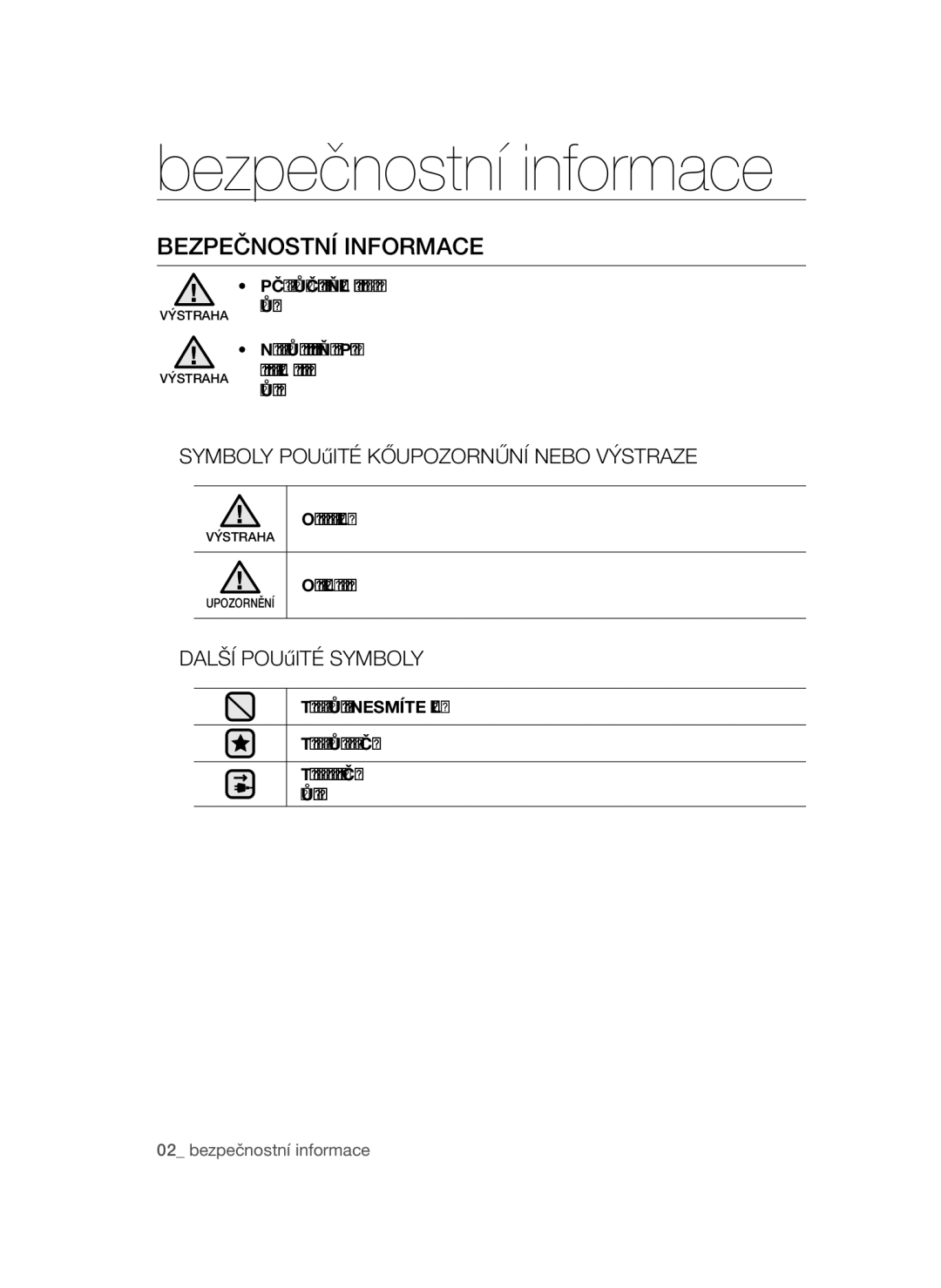 Samsung VCC52F0S3B/BOL Bezpečnostní informace, Bezpečnostní Informace, Označuje nebezpečí zranění nebo materiálních škod 