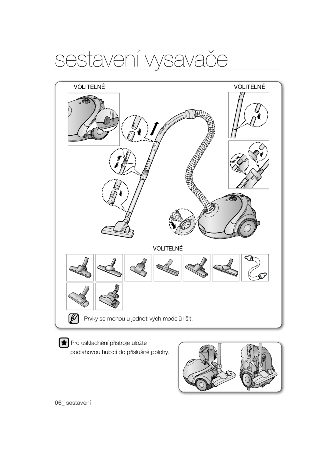 Samsung VCC52E0V3O/XEH, VCC52E5V3O/XEH, VCC52E0V3O/XEO manual Sestavení vysavače, Prvky se mohou u jednotlivých modelů lišit 