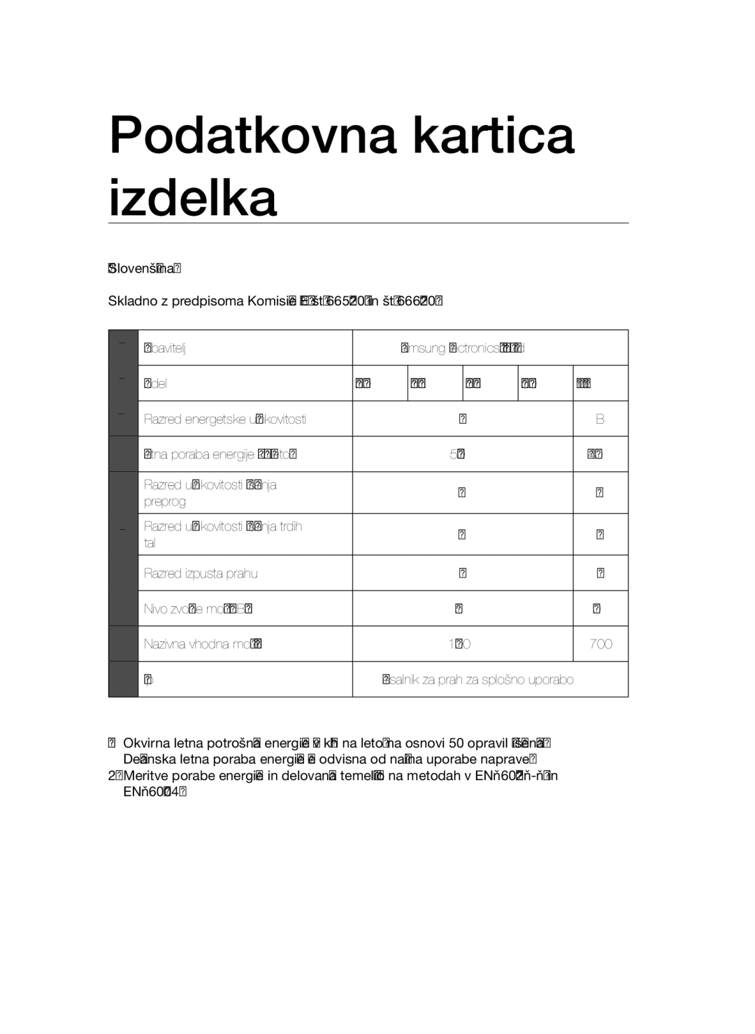 Samsung VCC52E0V3O/XEO, VCC52E5V3O/XEH manual Podatkovna kartica izdelka, Razred učinkovitosti čiščenja Preprog, Tip 