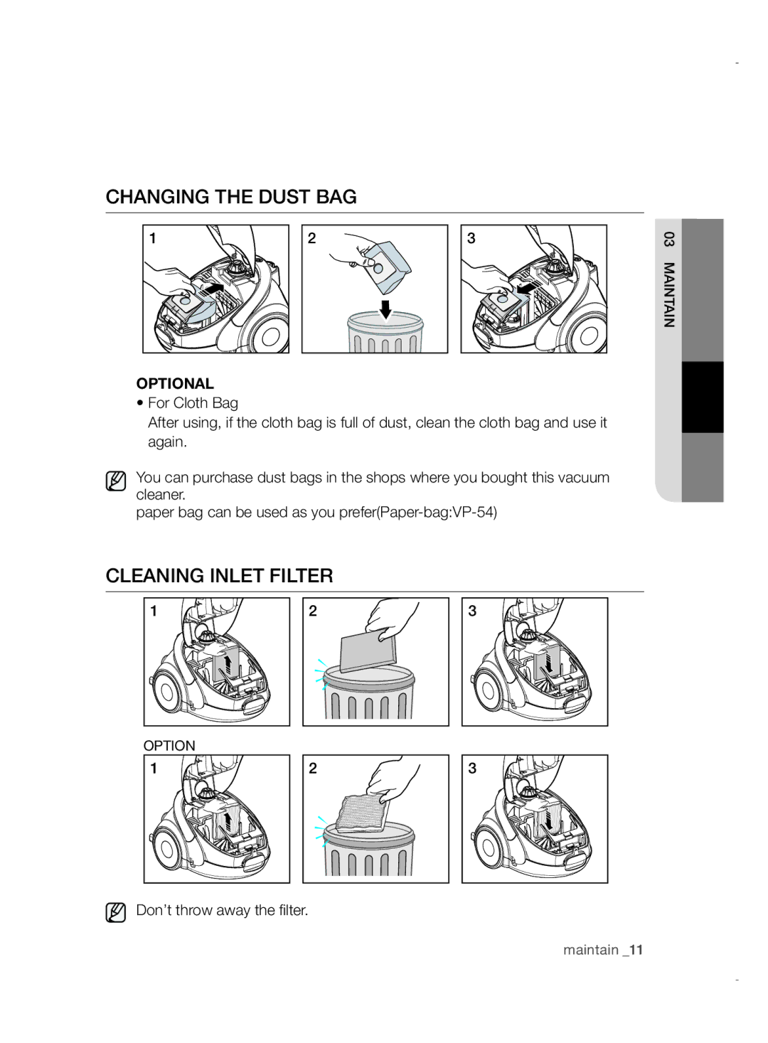 Samsung VCC5255V36/XSB, VCC52E5V3O/XEH, VCC52E5V36/BOL, VCC52E5V3O/XSB manual Changing the Dust BAG, Cleaning Inlet Filter 