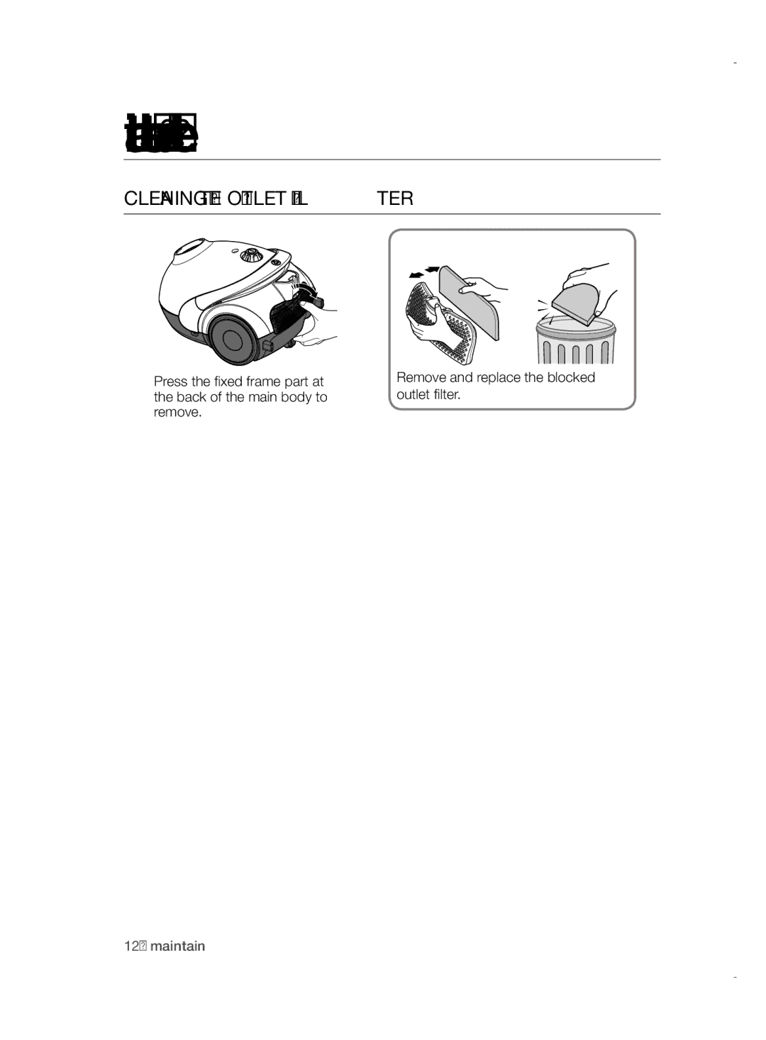 Samsung VCC52E5V3O/XEH, VCC52E5V36/BOL, VCC52E5V3O/XSB, VCC5255V3P/XSB, VCC52E6V36/XSB manual Cleaning the Outlet Filter 