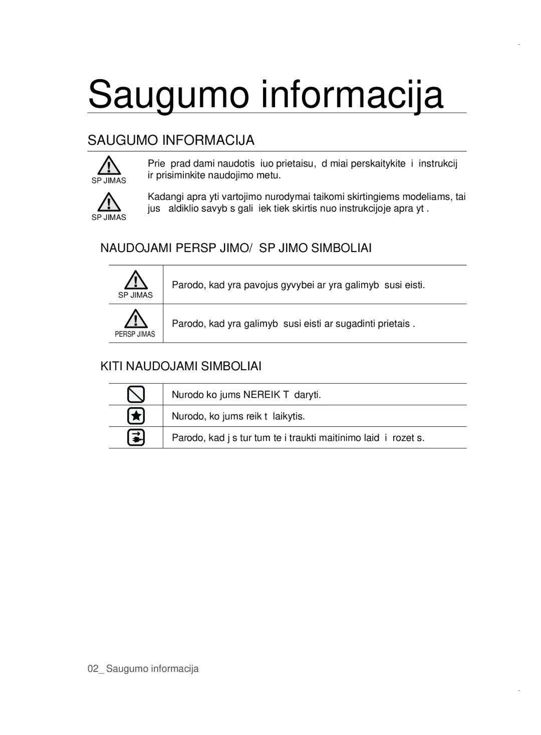 Samsung VCC52E6V36/XSB, VCC52E5V3O/XEH, VCC52E5V36/BOL, VCC52E5V3O/XSB manual Saugumo informacija, Saugumo Informacija 