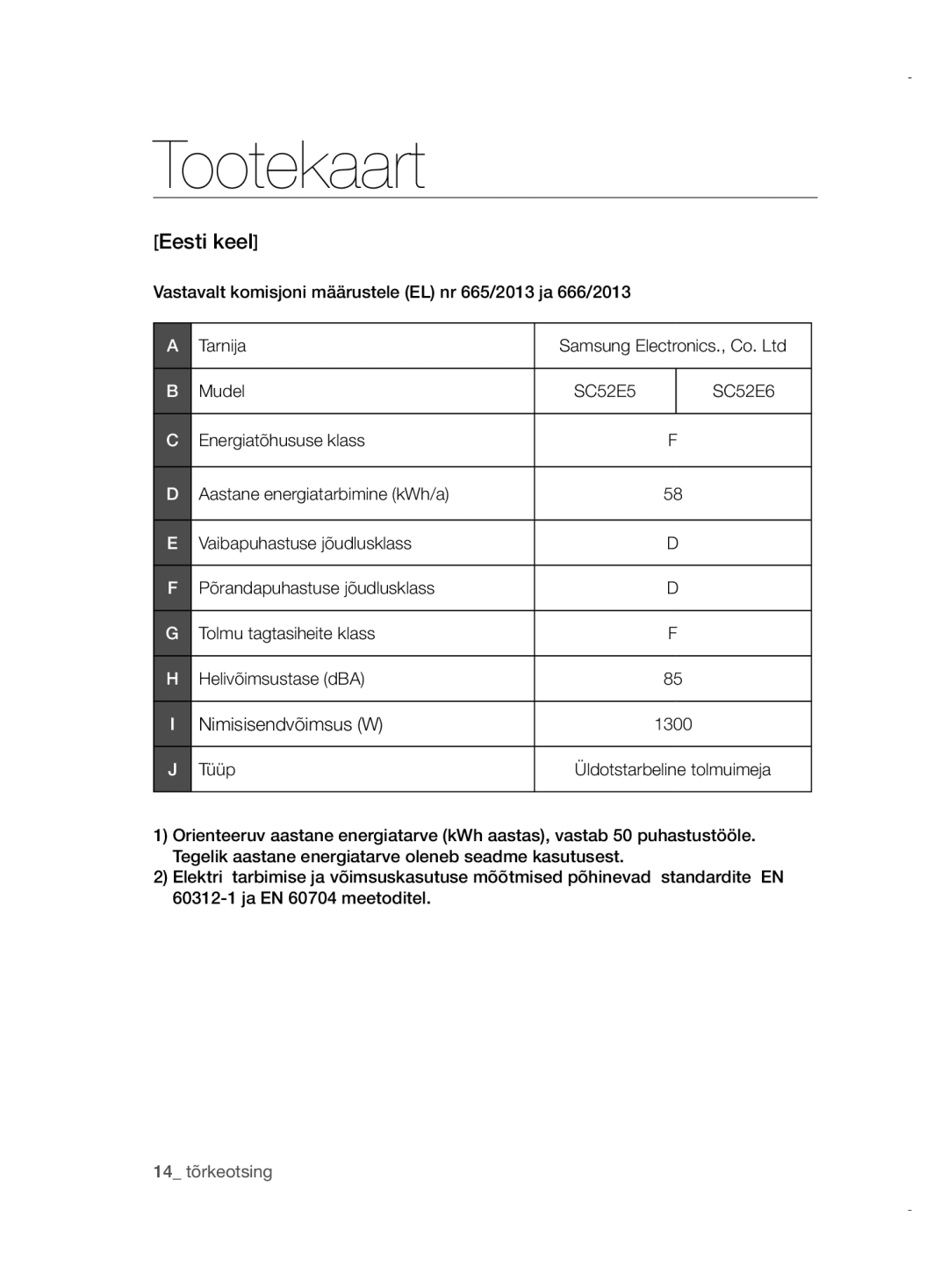 Samsung VCC52E5V3O/XSB, VCC52E5V3O/XEH, VCC52E5V36/BOL, VCC5255V3P/XSB, VCC52E6V36/XSB, VCC5255V36/XSB Tootekaart, Eesti keel 