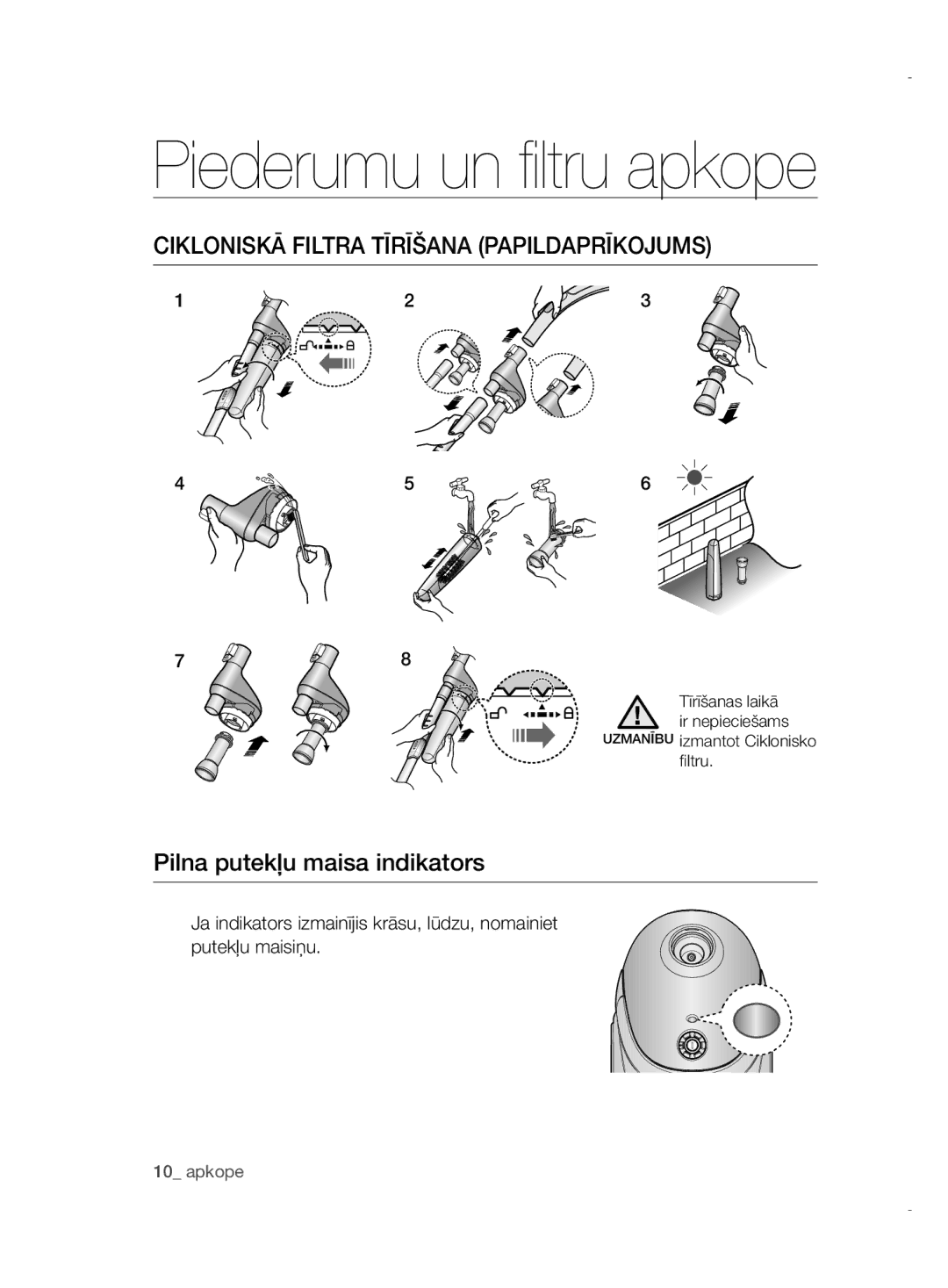 Samsung VCC52E5V3O/XSB, VCC52E5V3O/XEH, VCC52E5V36/BOL, VCC5255V3P/XSB manual Cikloniskā Filtra Tīrīšana Papildaprīkojums 