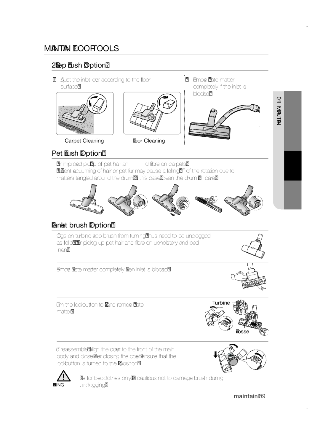 Samsung VCC5255V3P/XSB, VCC52E5V3O/XEH Maintain Floor Tools, Step Brush Option, Pet Brush Option, Blanket brush Option 